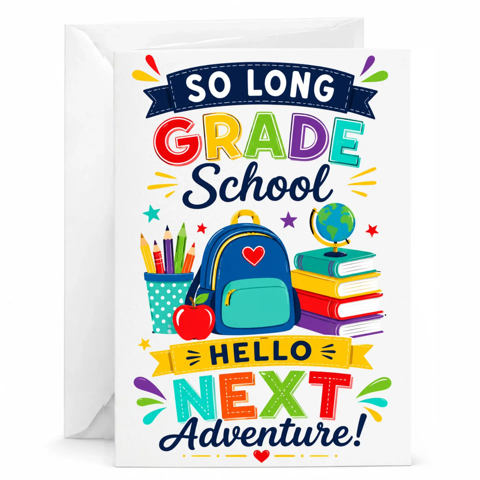 Graduation Congratulations Greeting Card so Long School Hello Adventure Whimsical Education Theme 5x7