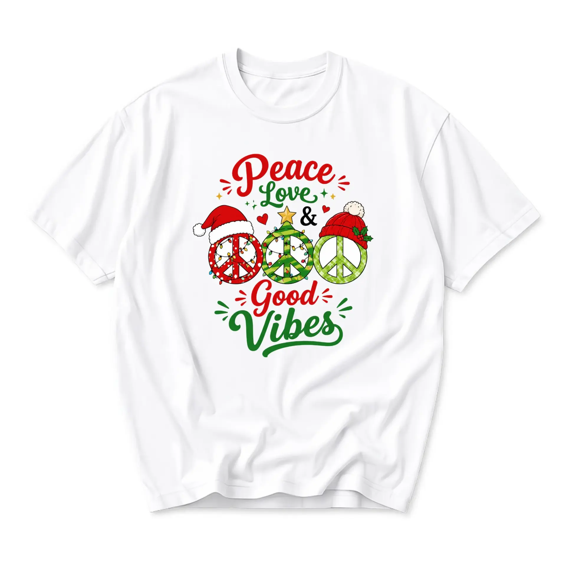 Graphic Tee Peace Love and Good Vibes Holiday Seasonal Shirt Festive Red and Green Christmas Print Unisex Apparel