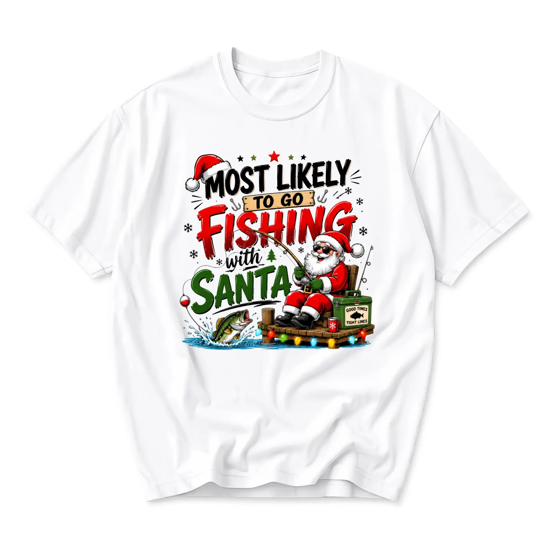 Funny Shirt Most Likely to Go Fishing with Santa Claus Holiday Graphic Tee