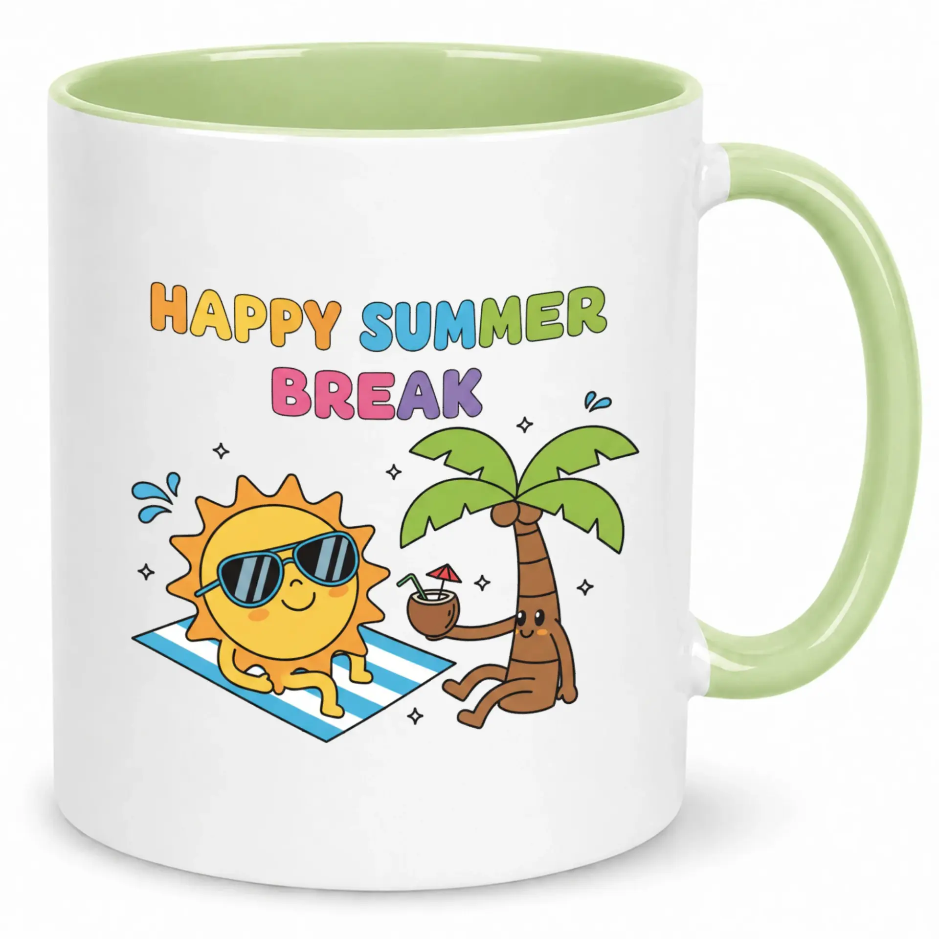 Funny Summer Break Ceramic Coffee Mug, Vibrant Cartoon Sun and Palm Tree Design Drinkware, Ideal for Vacation and Relaxation.