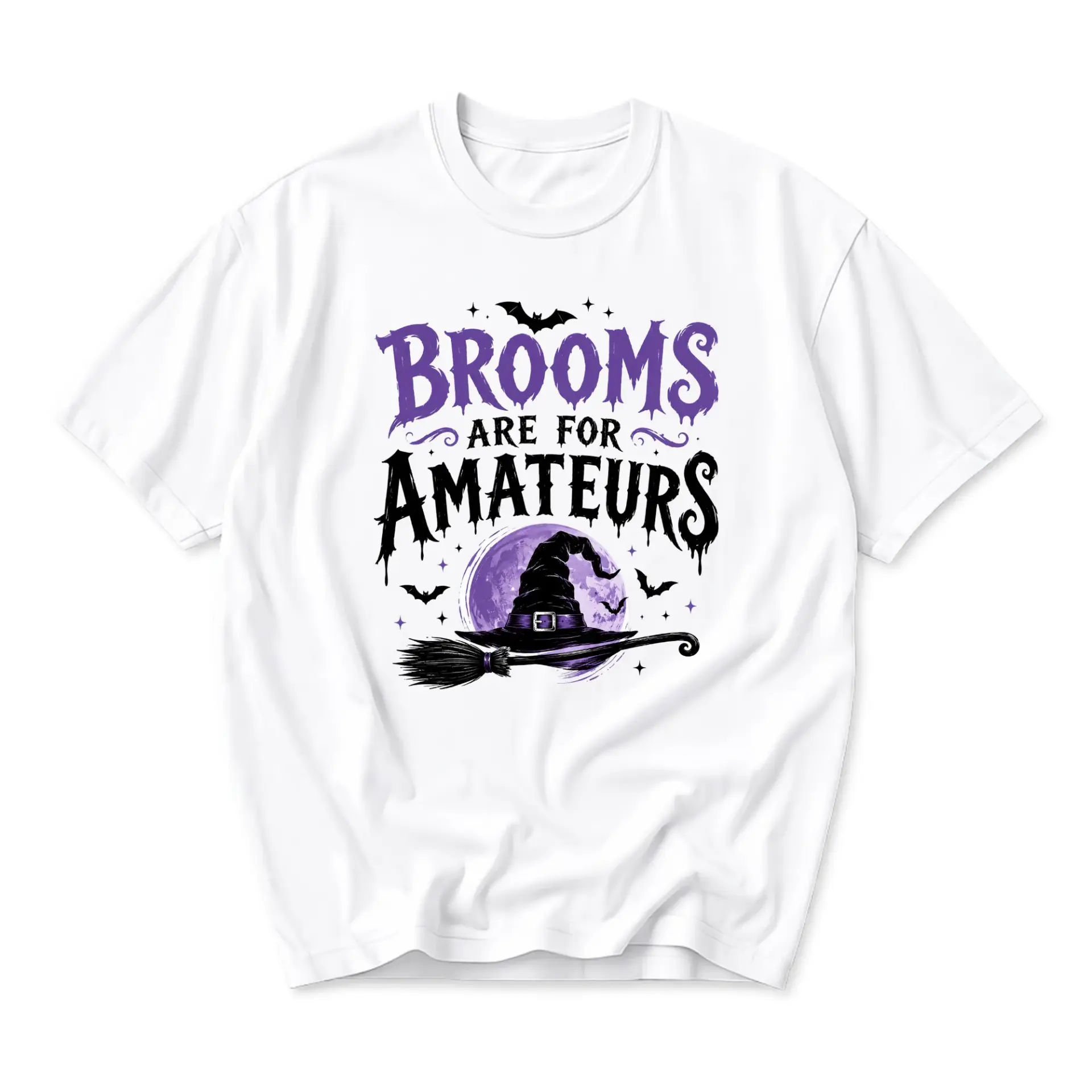 Funny Shirt Brooms Are for Amateurs Witch Graphic Tee Unisex Casual Crew Neck Halloween Spooky Holiday Humor Top
