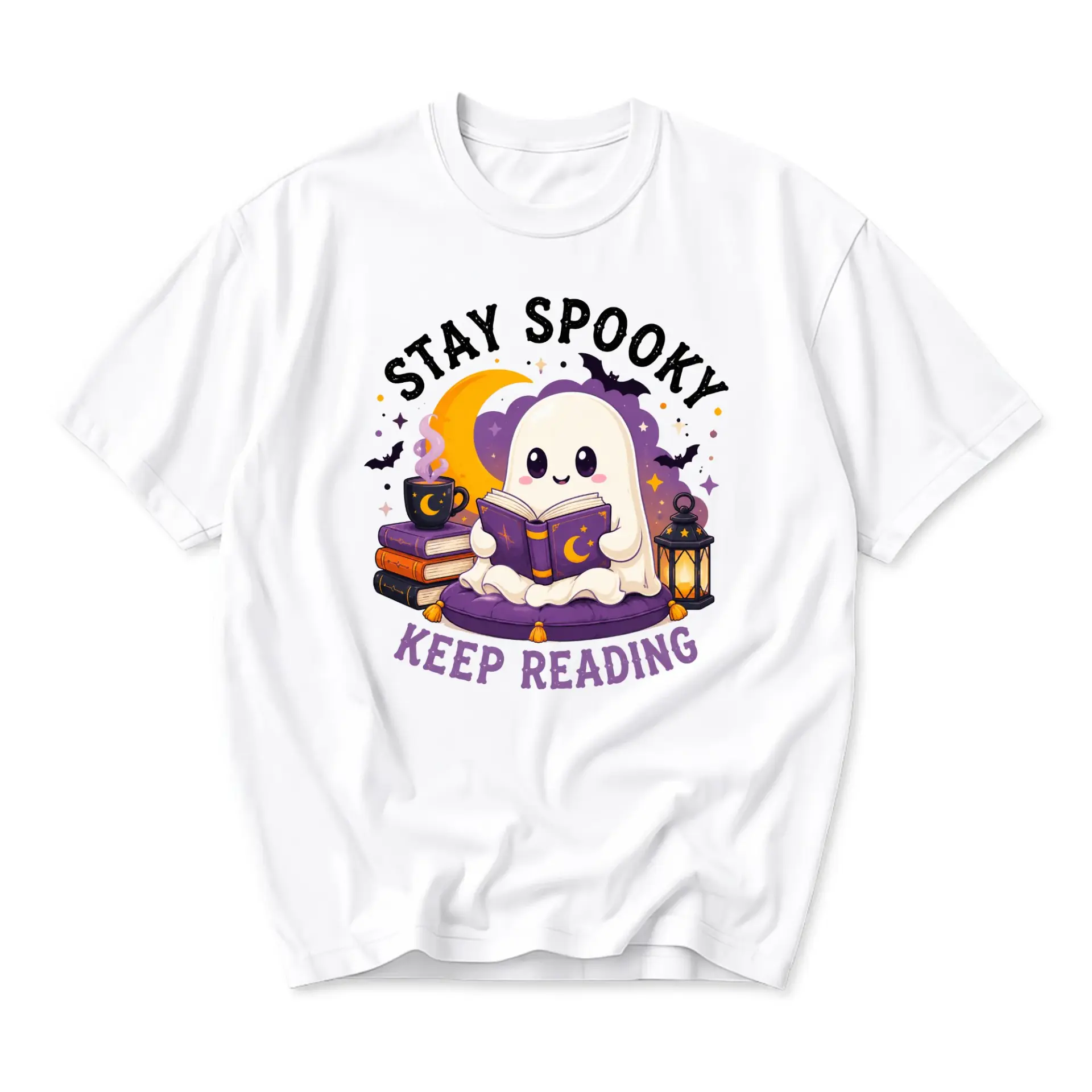 Graphic Tee Stay Spooky Keep Reading Ghost Shirt Cute Reading Ghost Apparel Unisex Casual Crew Neck Soft Cotton Tshirt