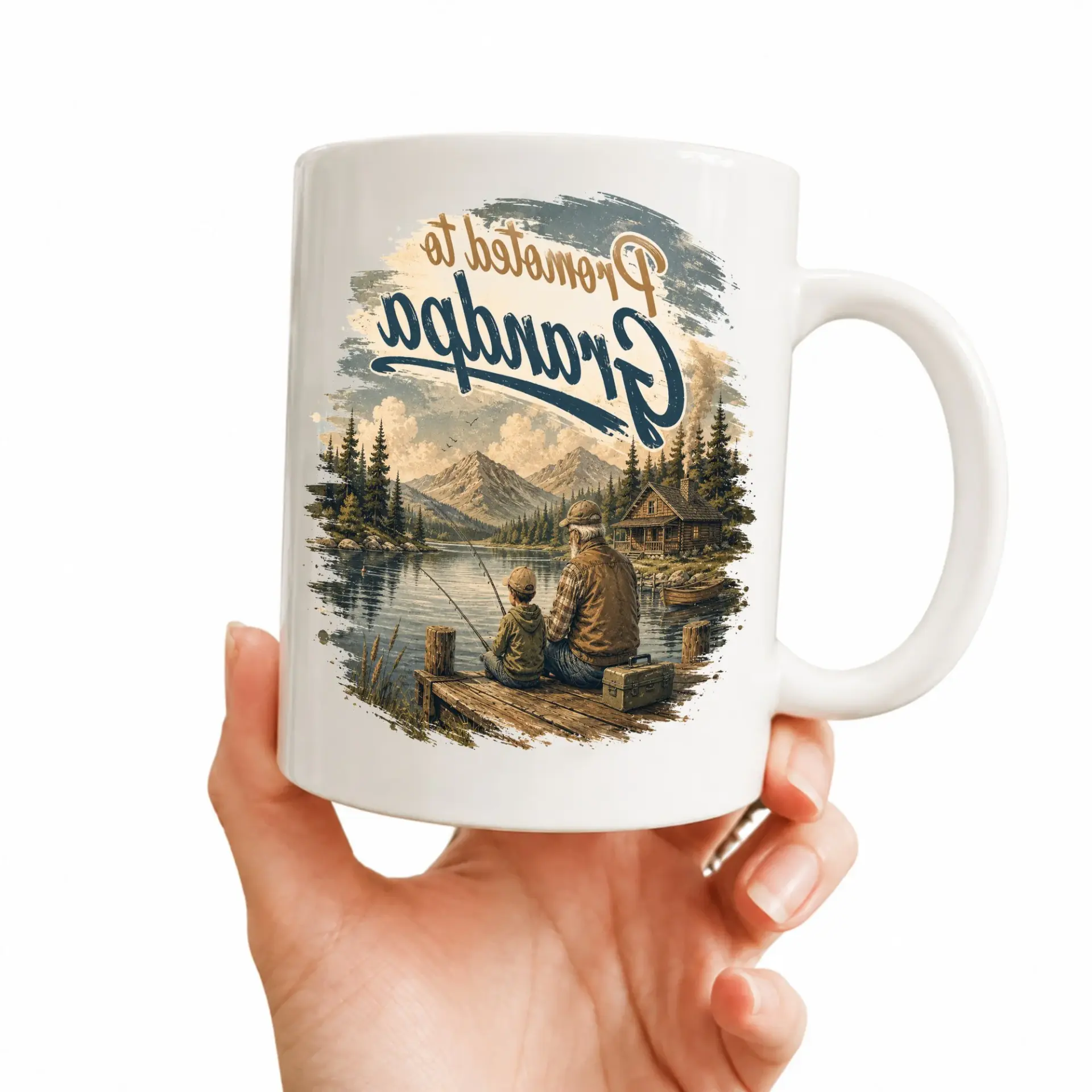 Sentimental Fishing Themed Coffee Mug Gift for New Grandfathers Featuring a Scenic Lake Design Illustration