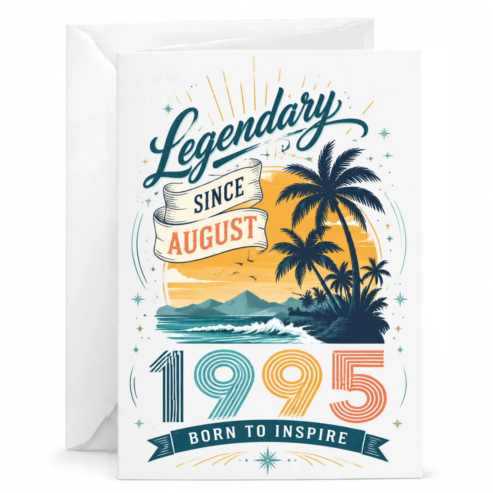 Legendary Since August 1995 Birthday Card with Tropical Sunset Design and Inspiring Vintage Style Anniversary Greeting