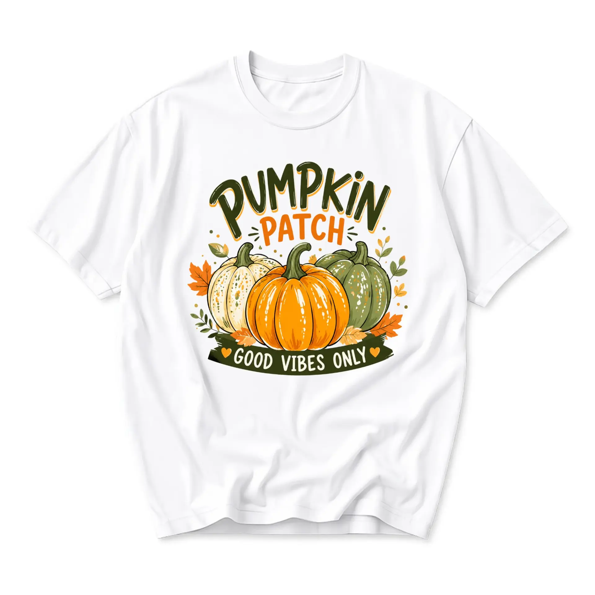 Graphic Tee Pumpkin Patch Good Vibes Only Fall Season Autumn Aesthetic Unisex Crew Neck Soft Cotton Casual Shirt