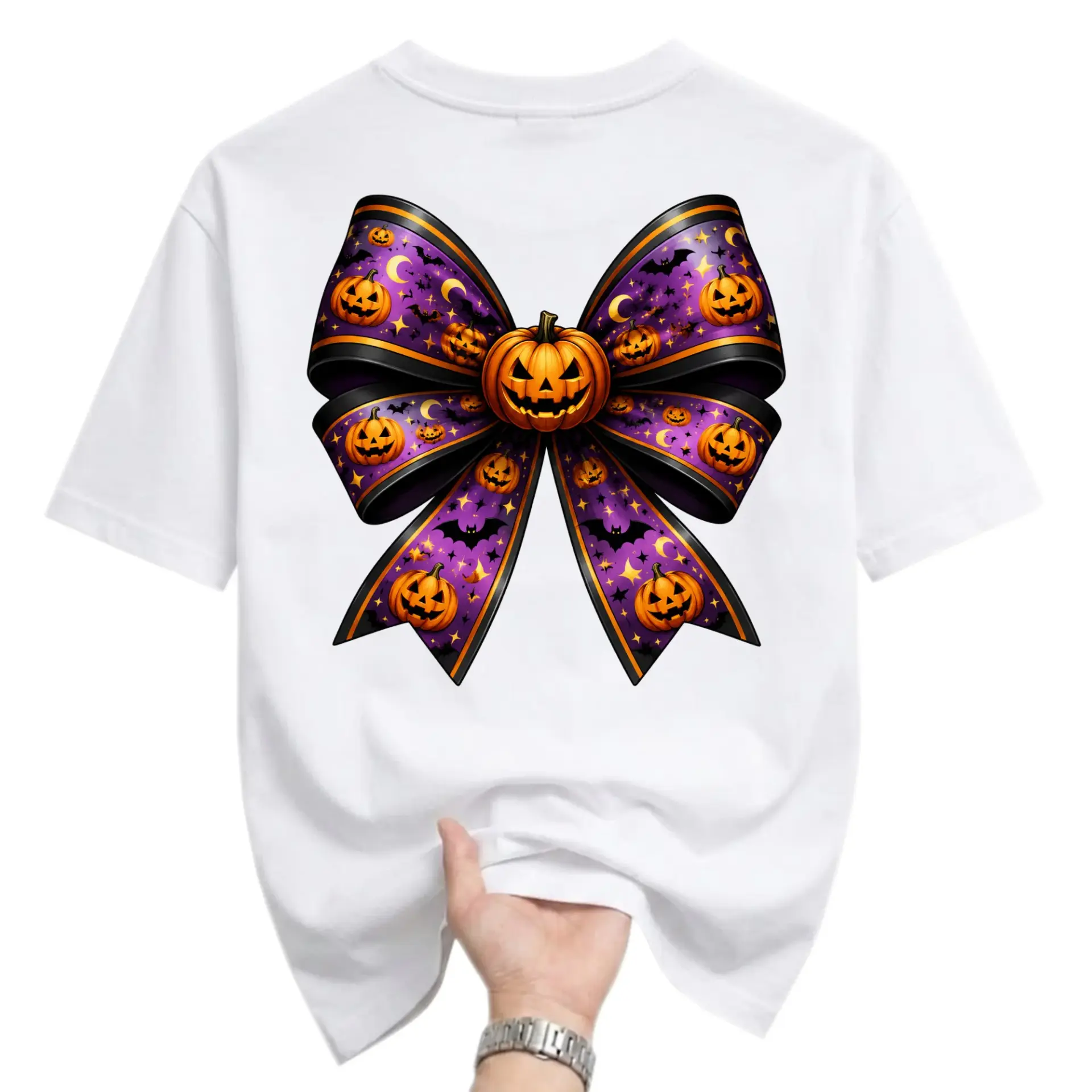 Graphic Tee Unisex Halloween Pumpkin Bow Shirt Seasonal Festive Fall Apparel Casual Short Sleeve Cotton Blend Top