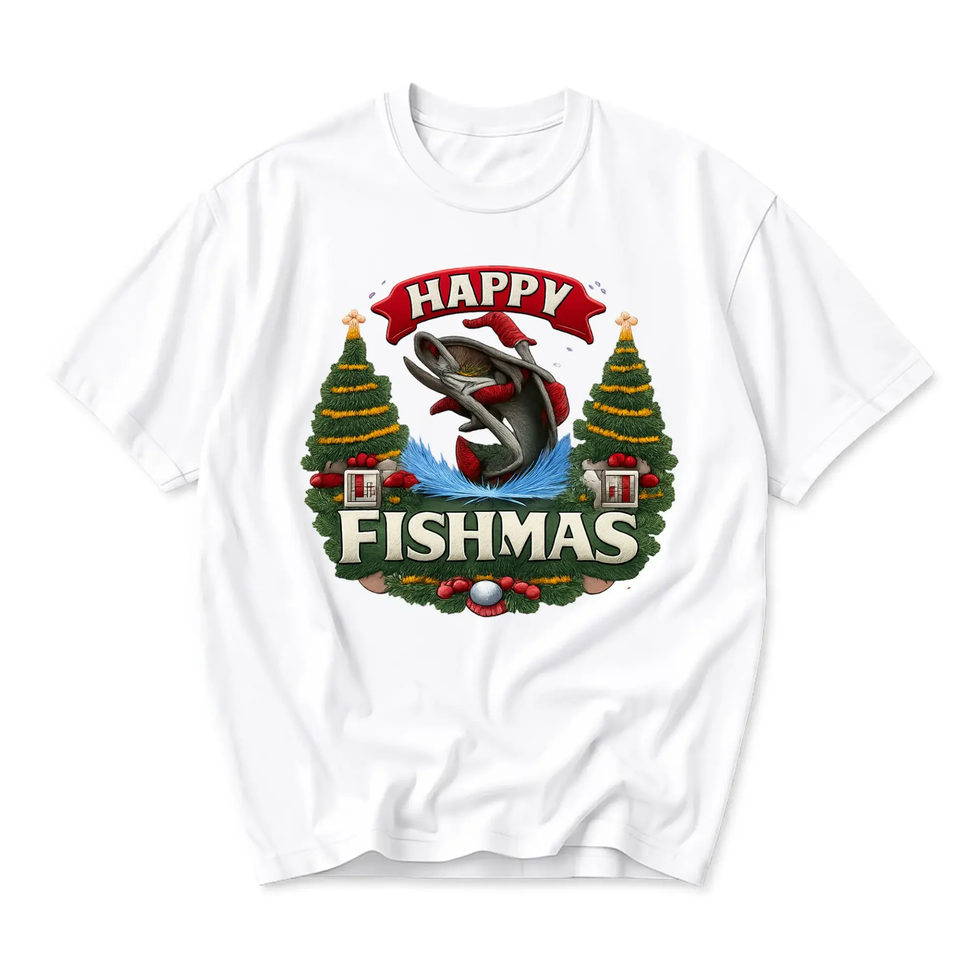 Funny Shirt Happy Fishmas Graphic Tee Unisex Holiday Fishing Apparel Casual Short Sleeve Cotton Crew Neck Top