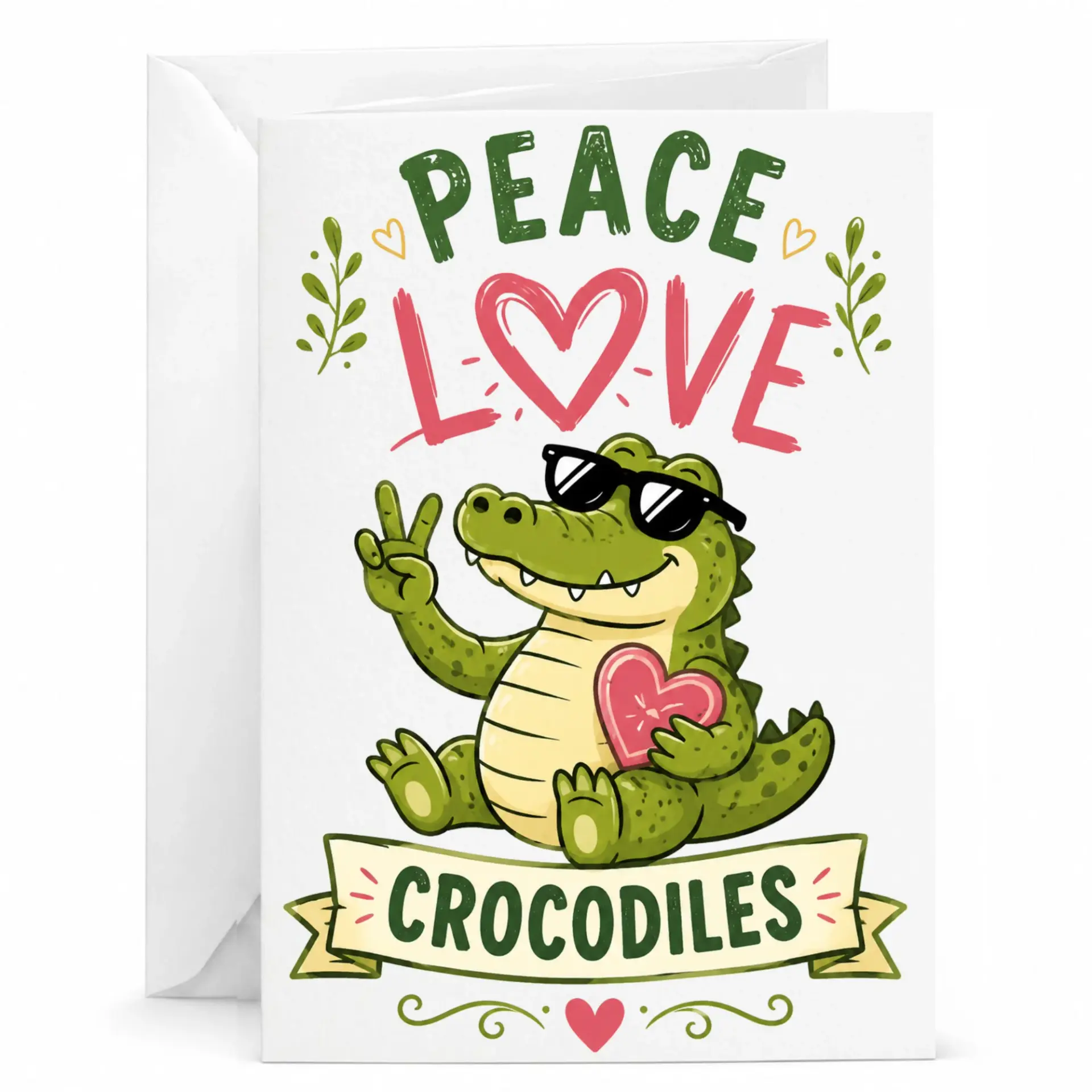 Funny Greeting Card Peace Love Crocodiles Design Whimsical Alligator Illustration for Birthday and Encouragement