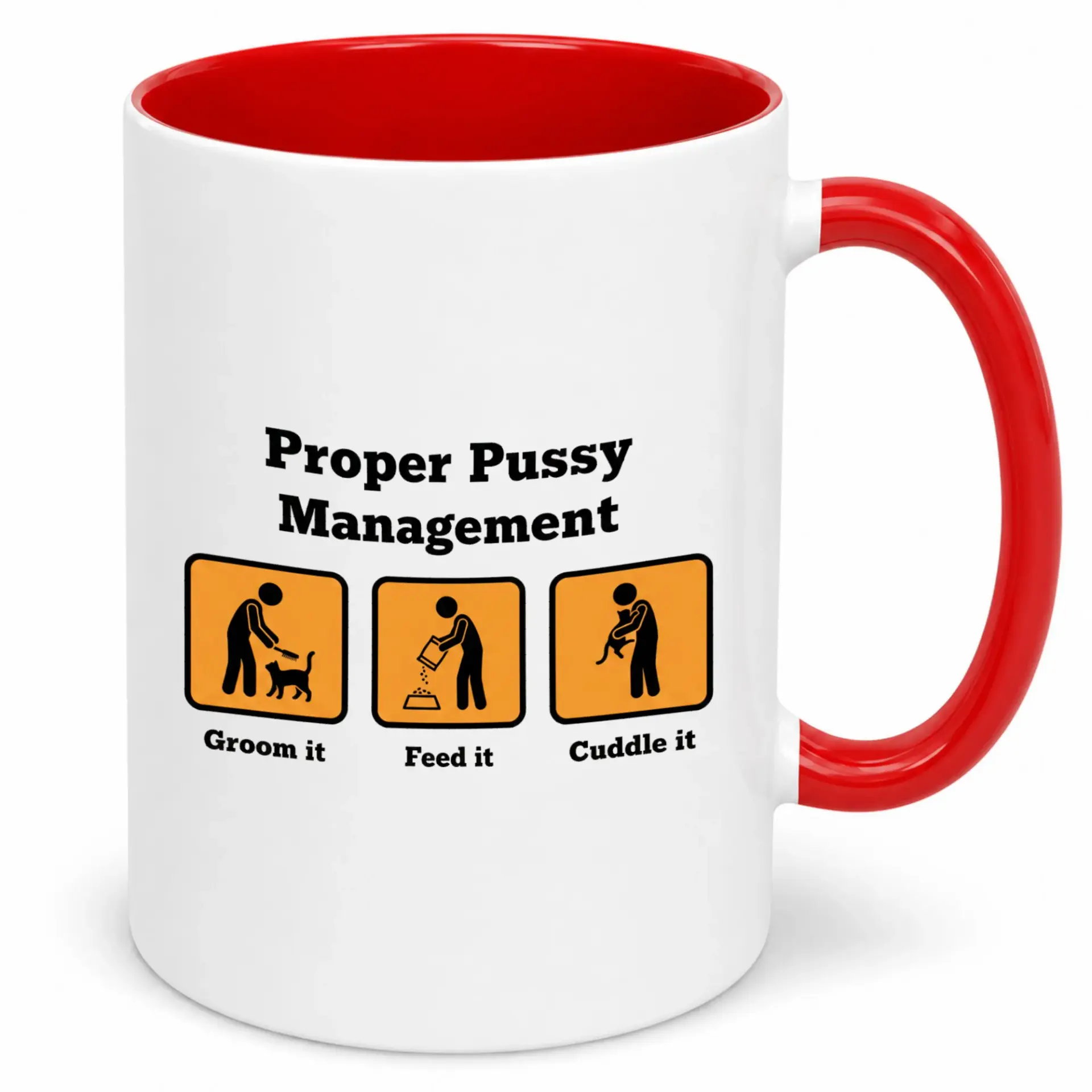 Funny Cat Lover Management Ceramic Coffee Mug - 11oz or 15oz White & Red Two Tone Cup with Humorous Pet Owner Design for Home or Office