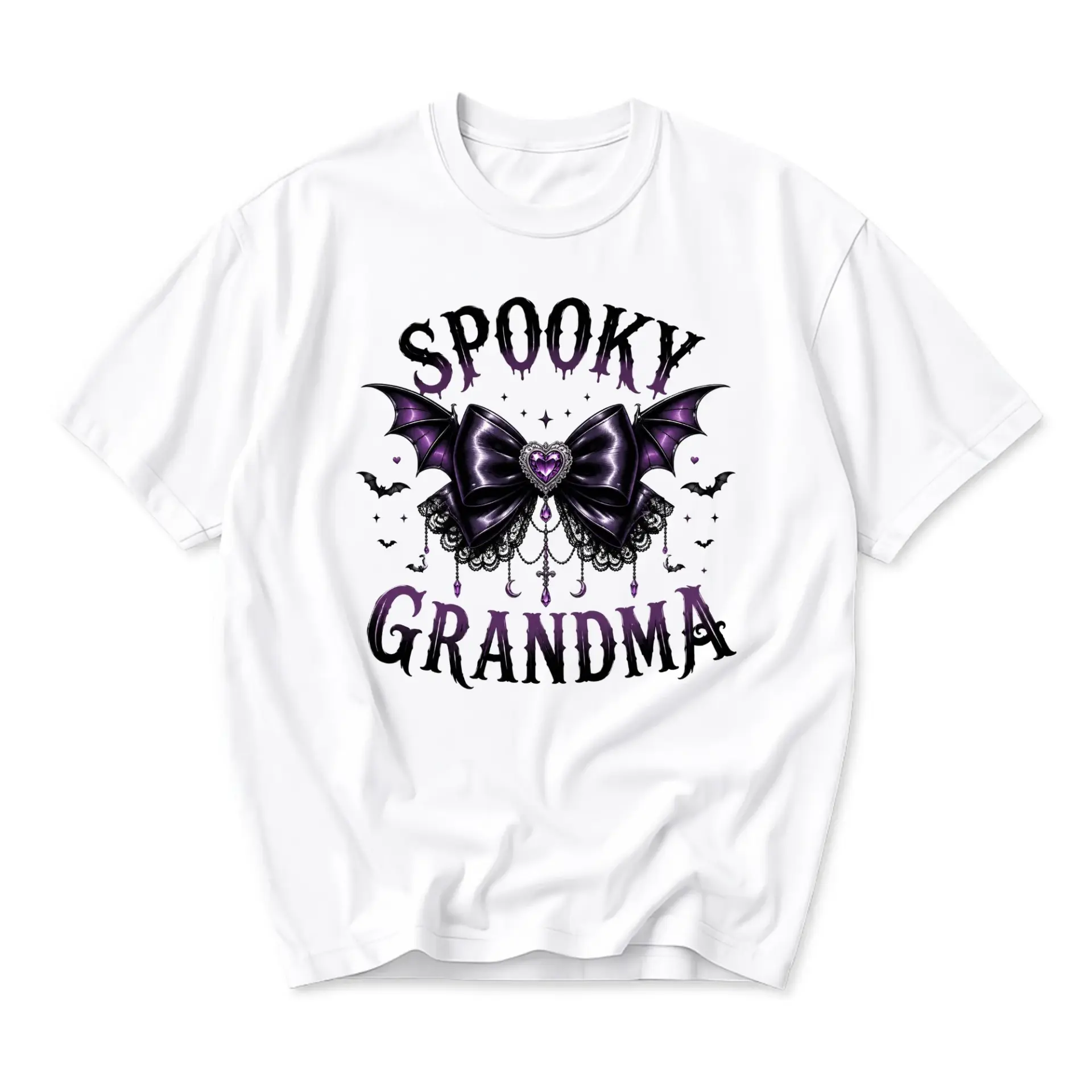Graphic Tee Spooky Grandma Shirt Gothic Bow Bat Wings Print Unisex Casual Crew Neck Comfortable Cotton Blend Top