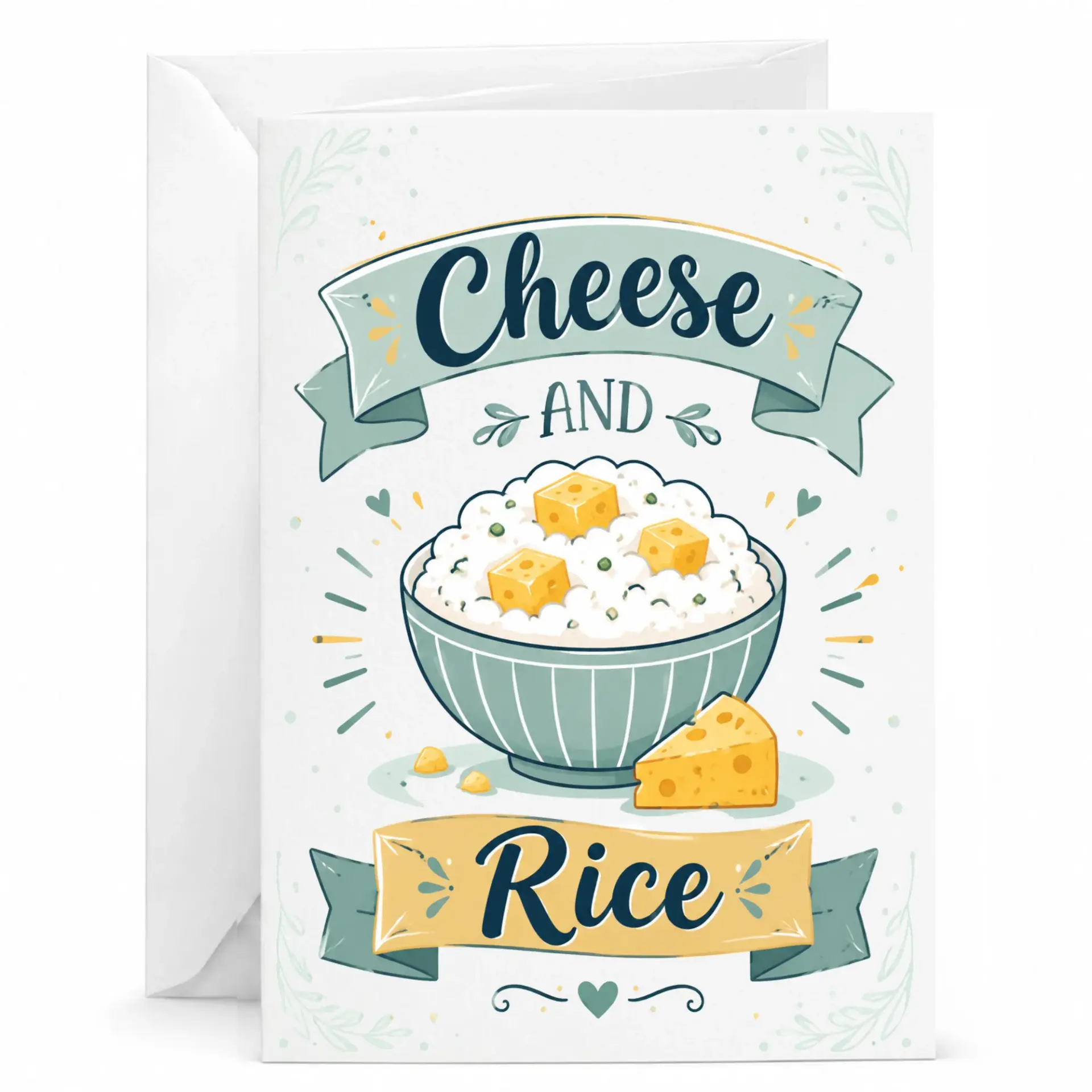 Funny Cheese and Rice Pun Greeting Card for Friends and Family, Whimsical Food Illustration Note for Any Occasion