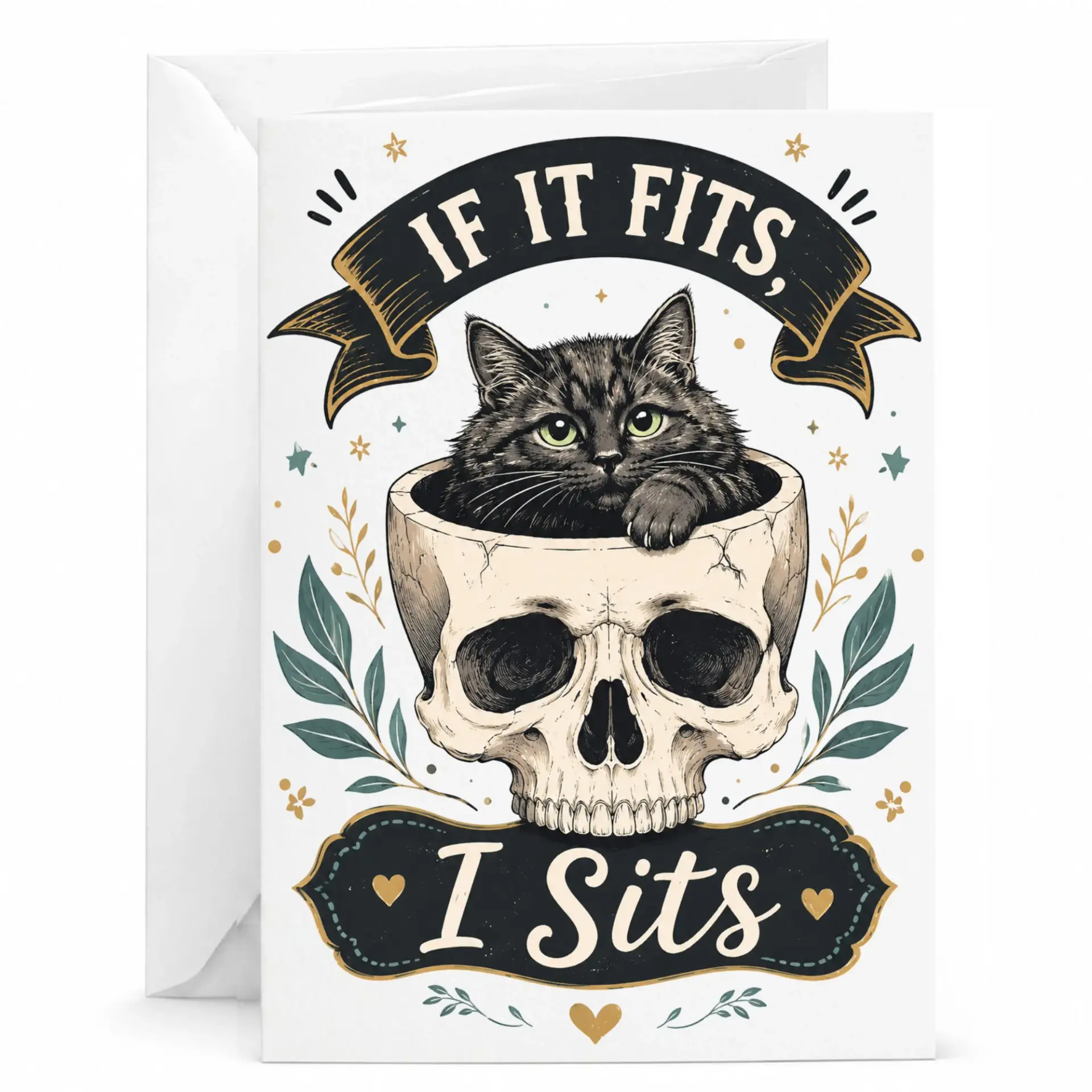 Funny Cat Greeting Card If It Fits I Cute Gothic Kitten in Skull Illustration for Birthdays and Holidays