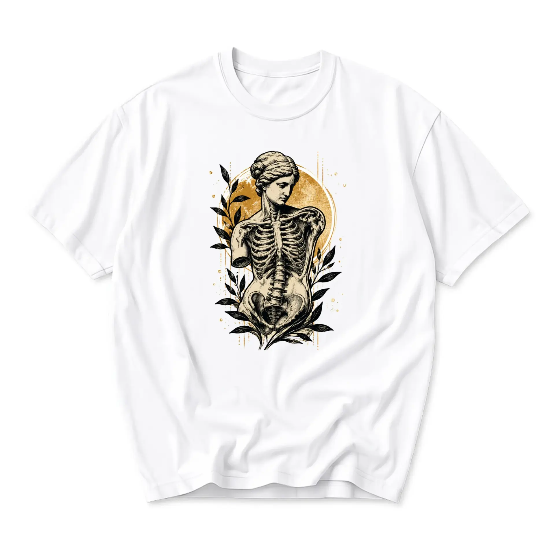 Graphic Tee Unisex Crew Neck T-Shirt Featuring Aesthetic Classical Statue and Anatomy Skeleton Art Design