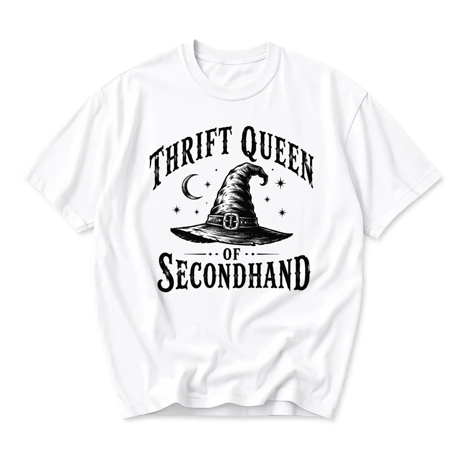 Graphic Tee Thrift Queen of Secondhand Witch Hat Print Casual Unisex Short Sleeve Crew Neck Cotton Blend Shirt Top