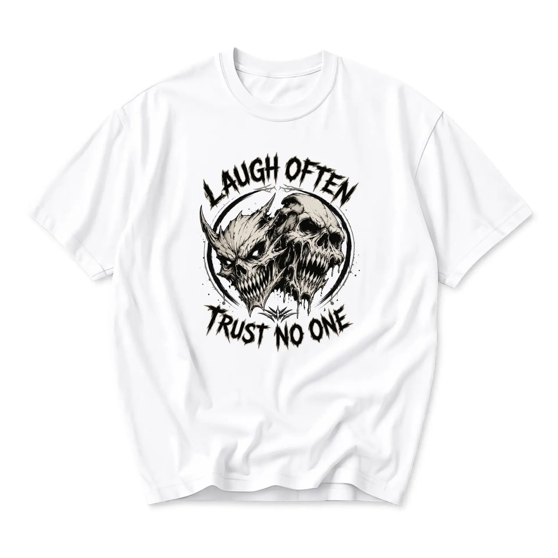 Funny Shirt Laugh Often Trust No One Gothic Skull Art Unisex Graphic Printed T-Shirt Casual Everyday Apparel