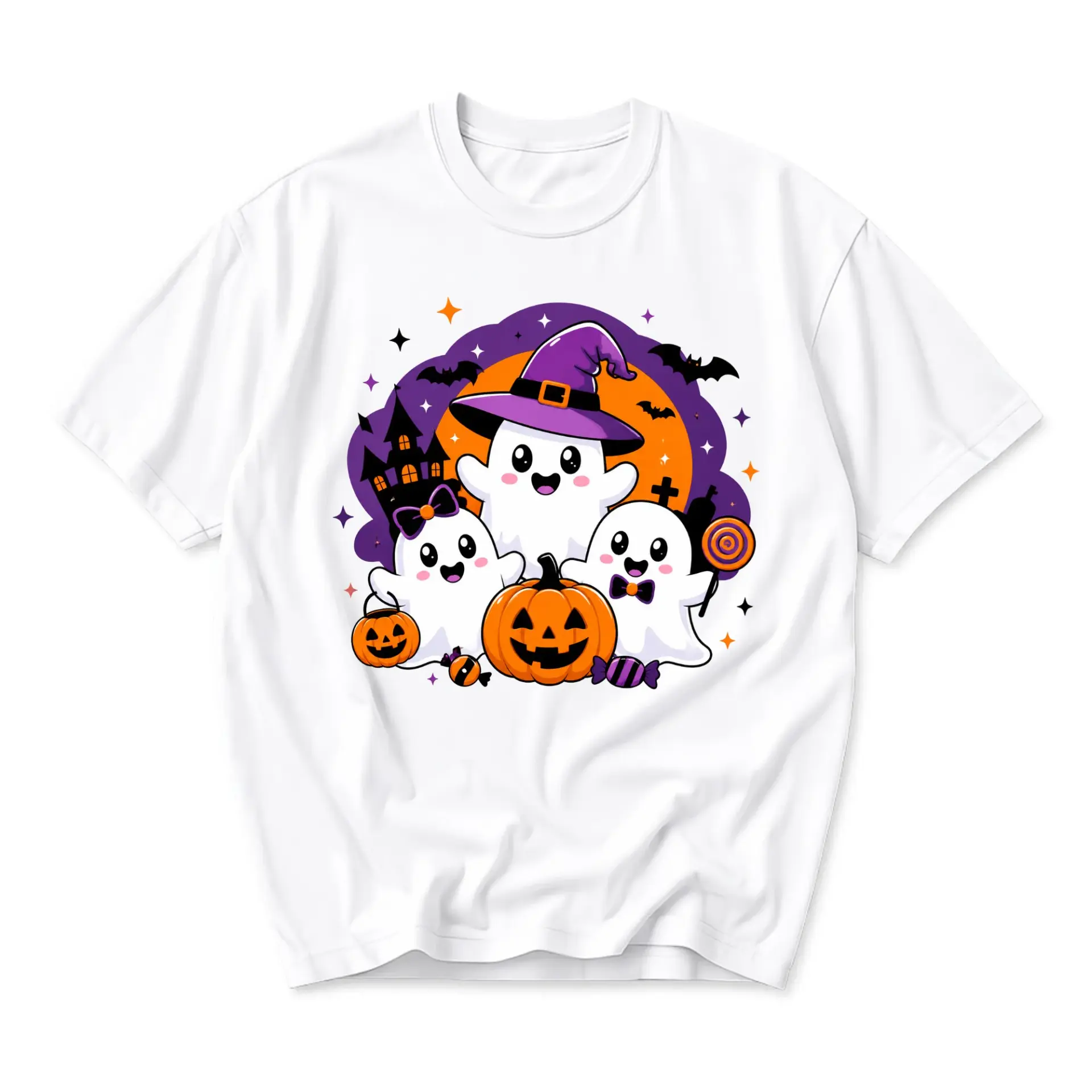 T-shirt Halloween Graphic Tee Cute Ghosts Wearing Witch Hat Jack-O-Lantern Pumpkin Candy Unisex Cotton Crew Neck
