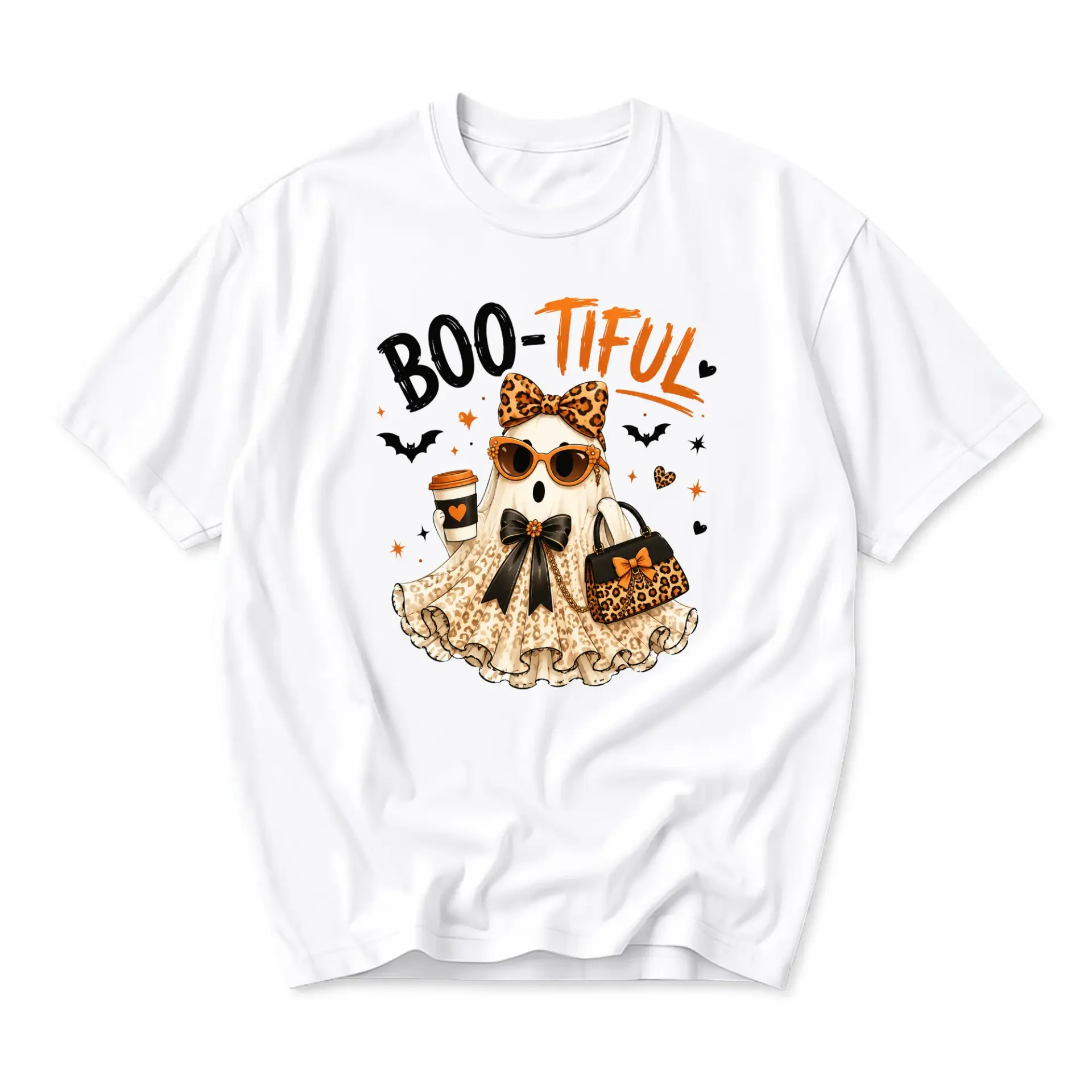 Graphic Tee Boo-Tiful Ghost Shirt Featuring Stylish Leopard Print Accessories for Casual Halloween Inspired Outfits