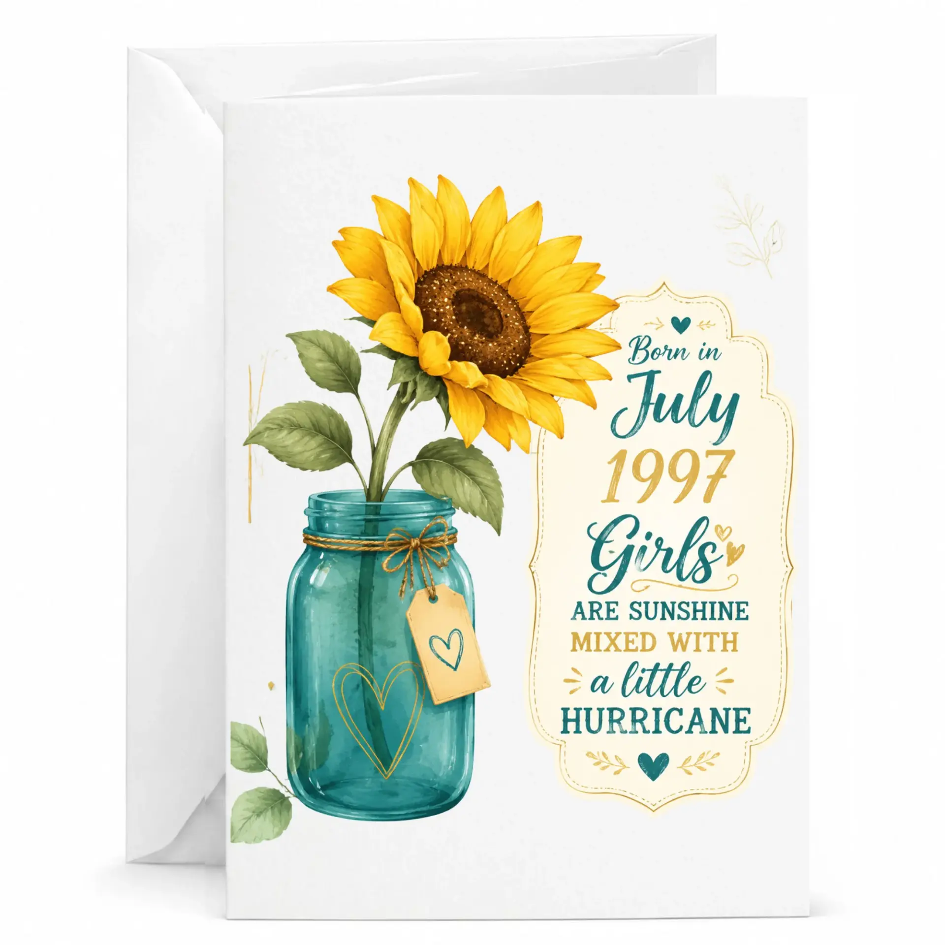 Birthday Card for Women Born in July 1997 Featuring Sunflower in Mason Jar Illustration Floral Keepsake Greeting Card