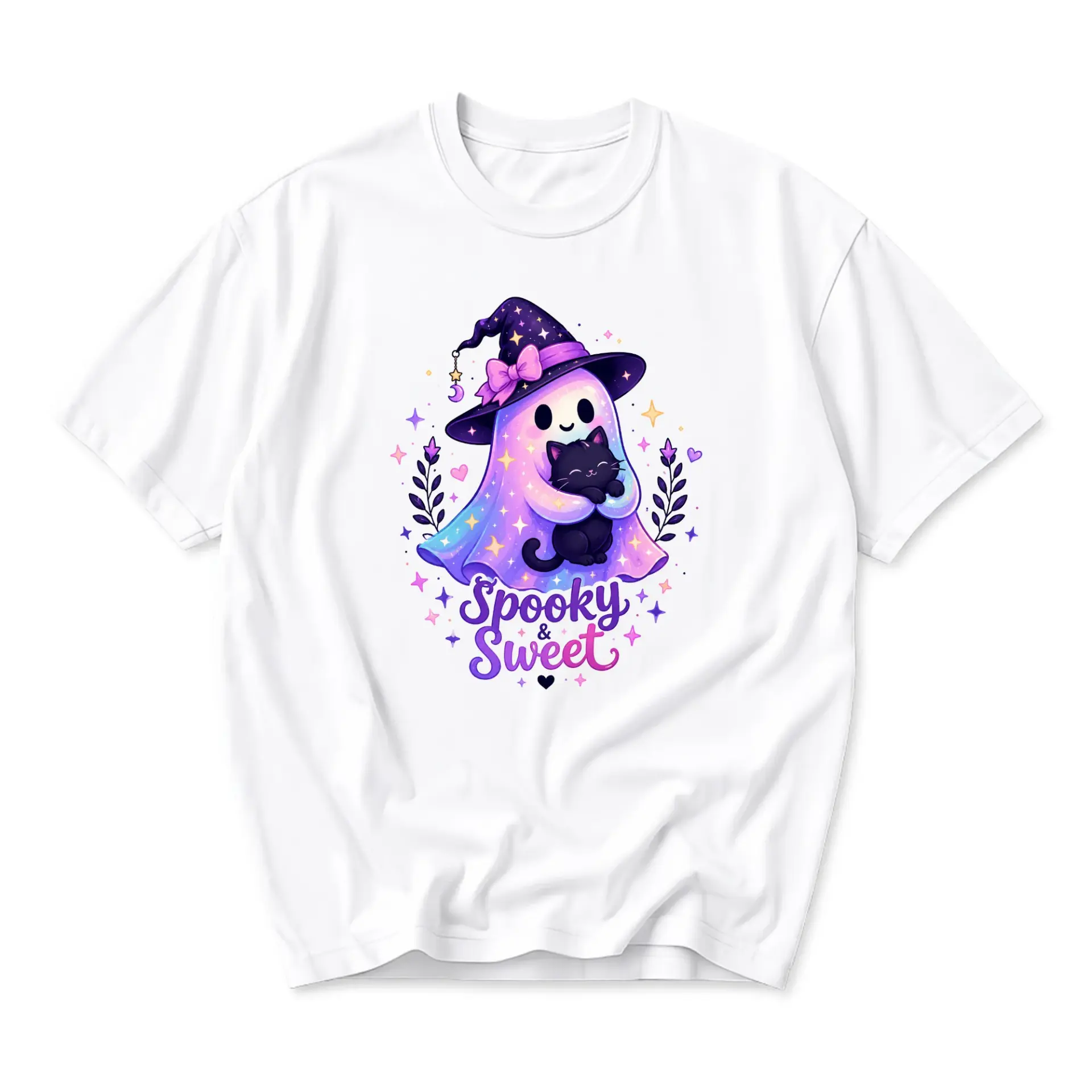 Graphic Tee Spooky and Sweet Ghost Cat Unisex T-Shirt Casual Fall Themed Apparel for Everyday Seasonal Outfits
