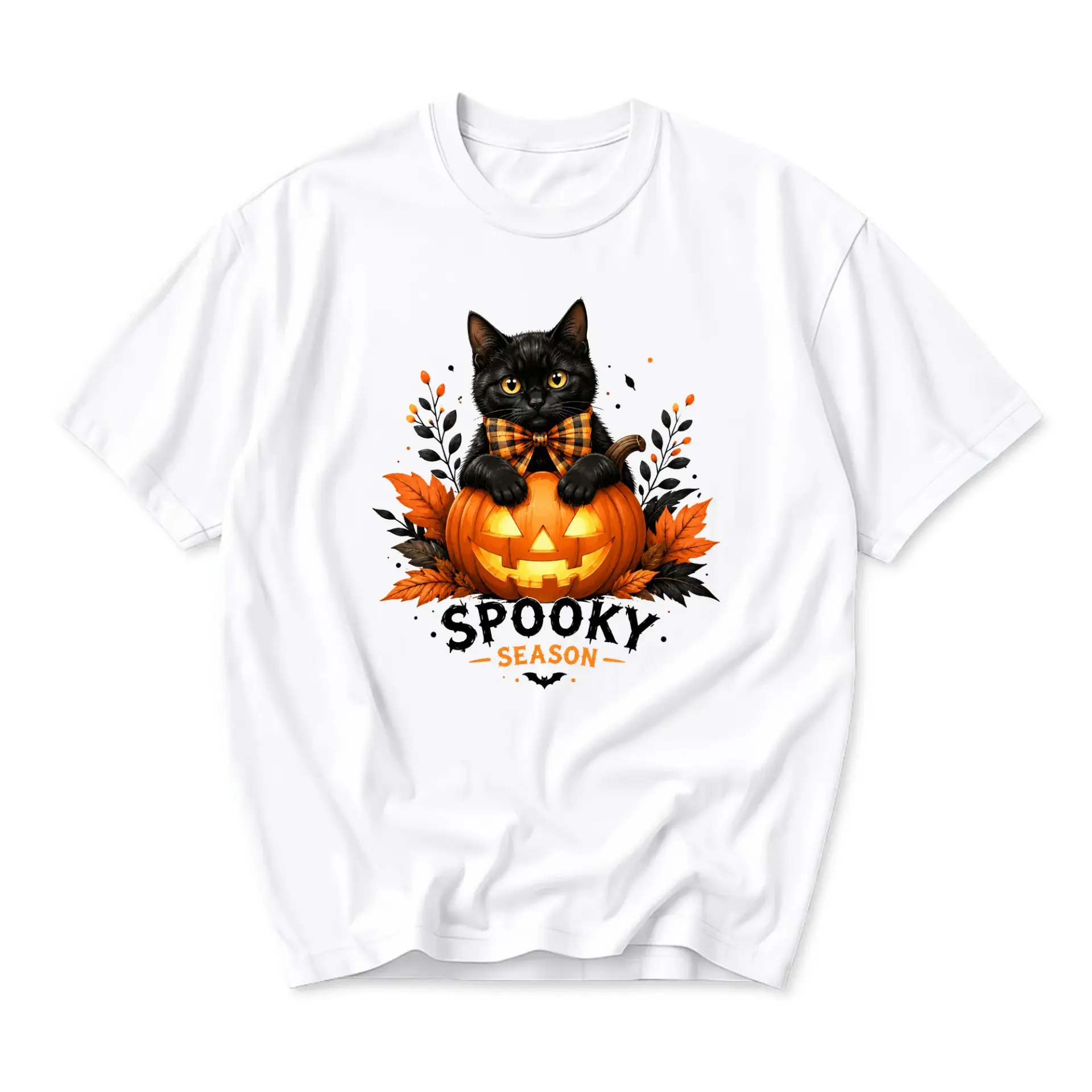 Graphic Tee Spooky Season Black Cat Pumpkin Unisex T-Shirt Casual Fall Autumn Holiday Short Sleeve Crew Neck Top