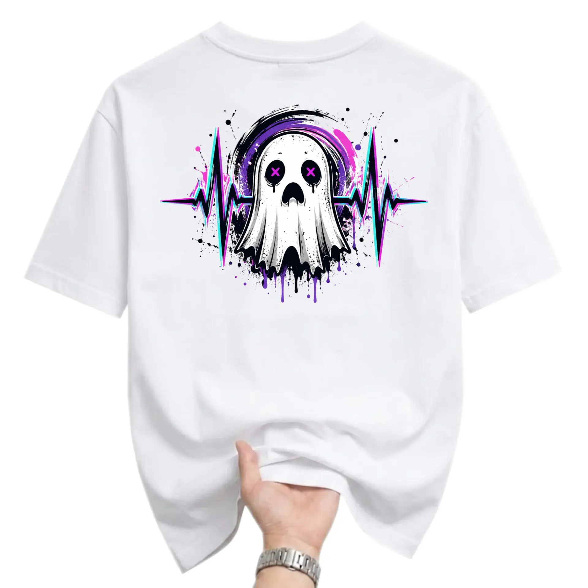 Graphic Tee Unisex Casual Crew Neck T-Shirt Featuring Spooky Ekg Heartbeat Ghost Design Apparel for Everyday Wear