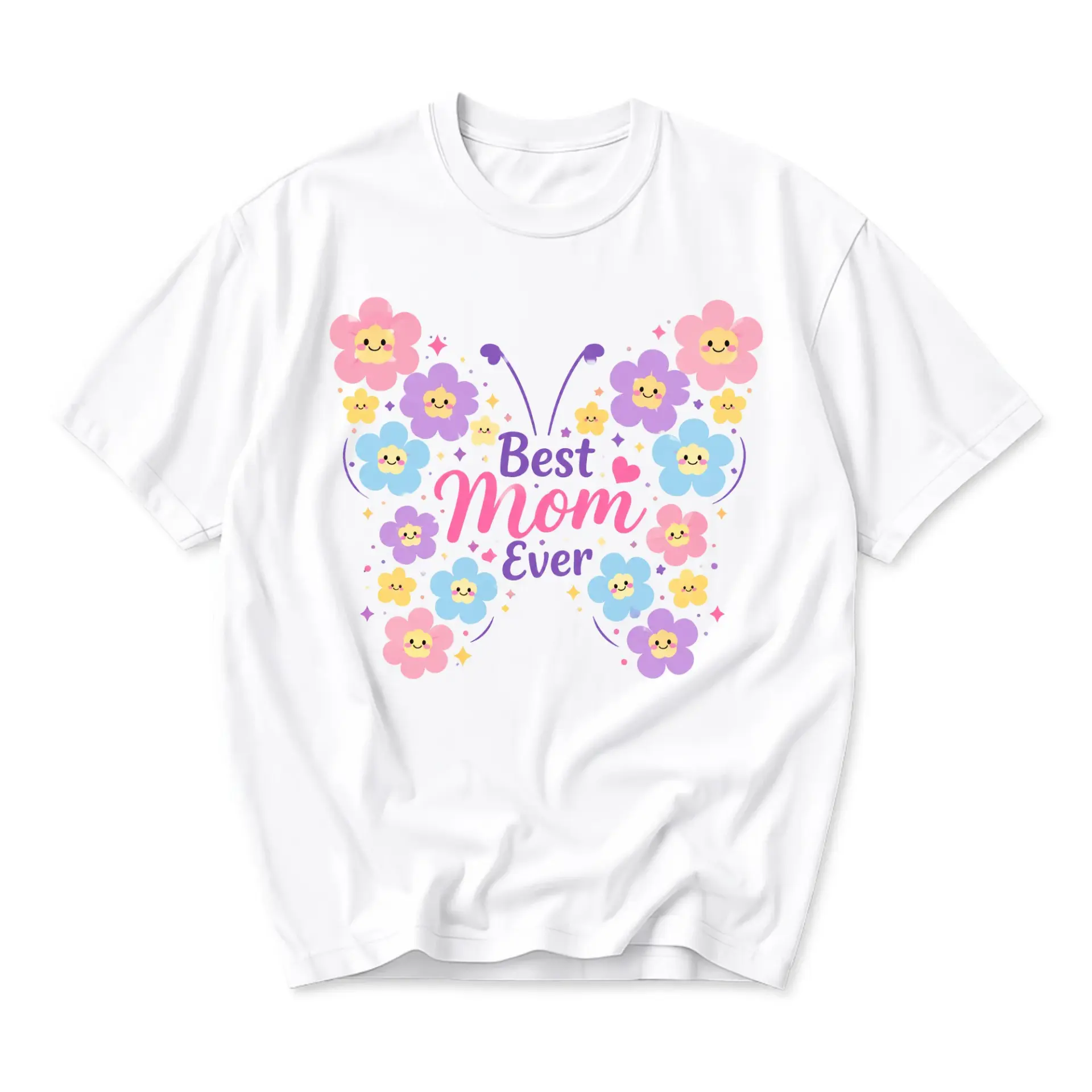 T-shirt Best Mom Ever Graphic Tee Aesthetic Butterfly Floral Flower Print Casual White Crew Neck Short Sleeve Top