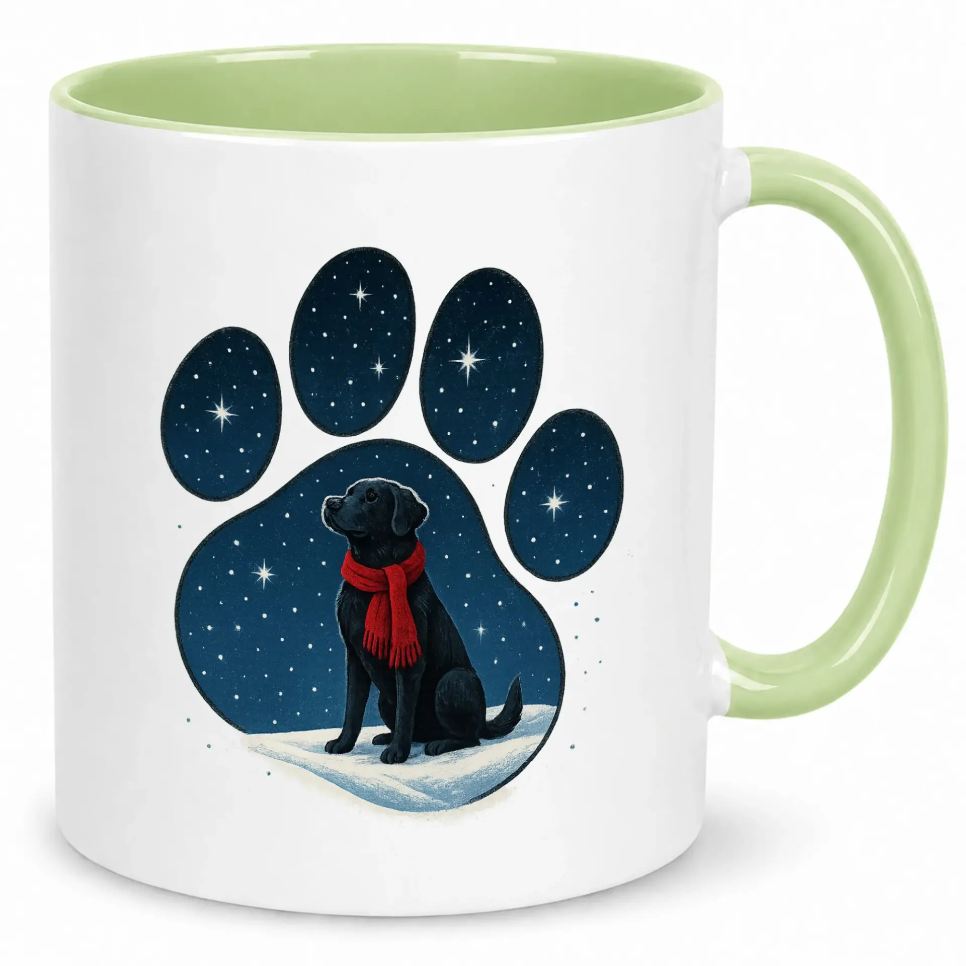 Ceramic Coffee Mug with Black Dog Paw Print Design, Winter Night Sky Theme Beverage Cup, Ideal for Hot Drinks and Home Decor