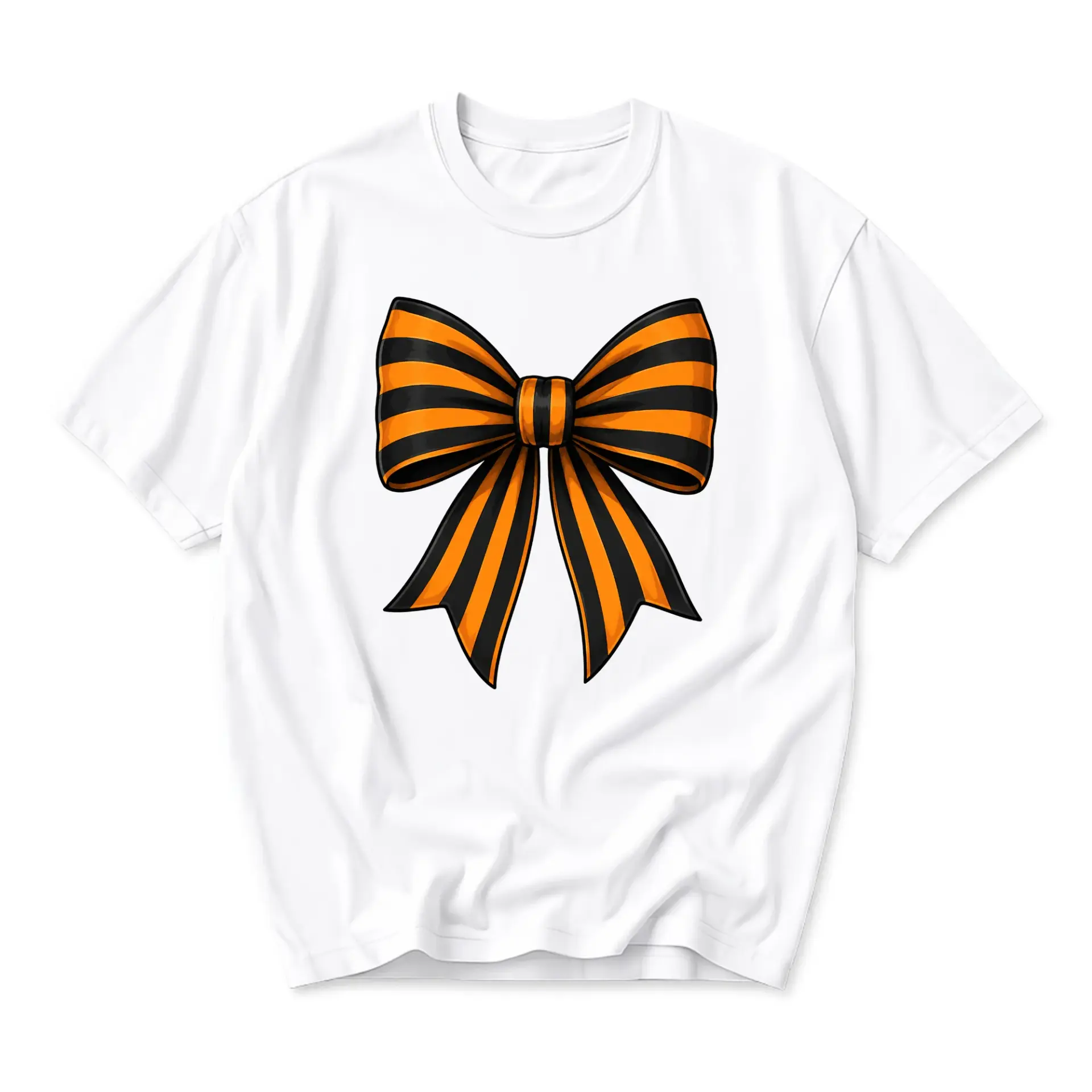 Graphic Tee Unisex Crew Neck Short Sleeve Shirt Featuring Artistic Orange and Black Striped Bow Design Print Apparel