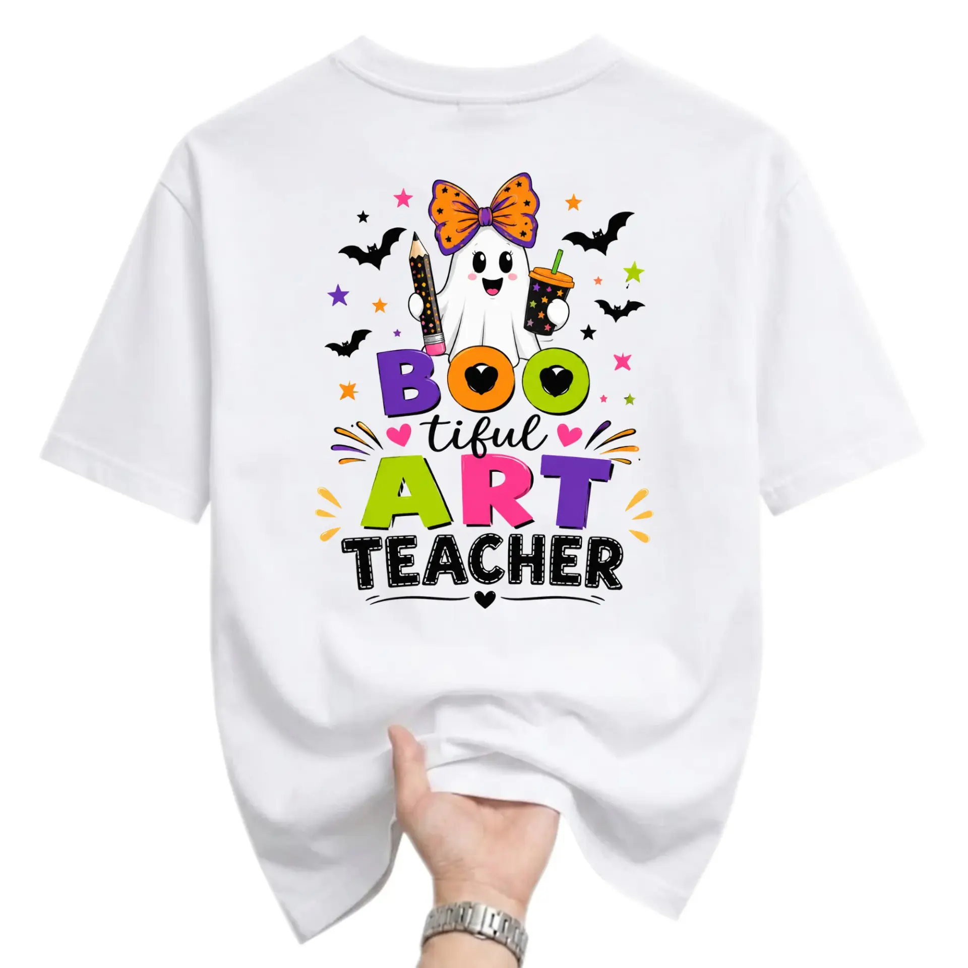 Funny Shirt Boo-Tiful Art Teacher Graphic Tee Halloween Inspired Unisex Crew Neck Short Sleeve Casual Cotton Apparel