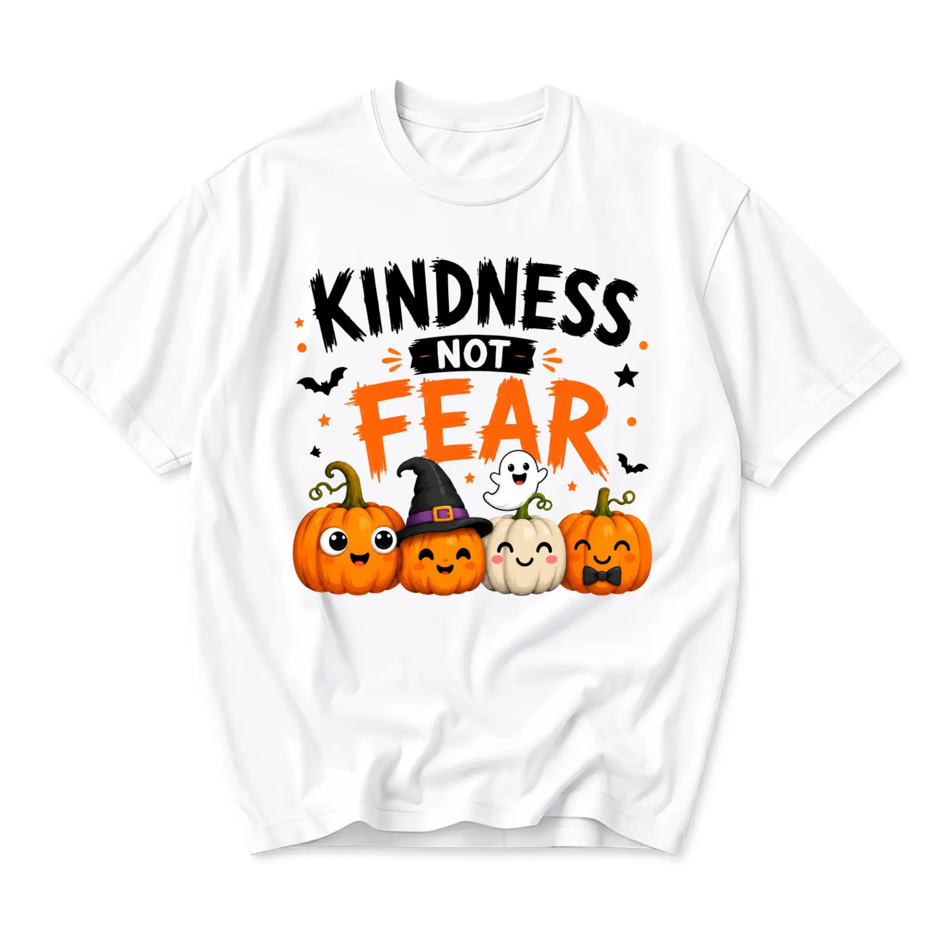 Graphic Tee Kindness Not Fear Halloween Pumpkin Shirt Fall Seasonal Unisex Crew Neck Short Sleeve Casual Cotton Blend Top