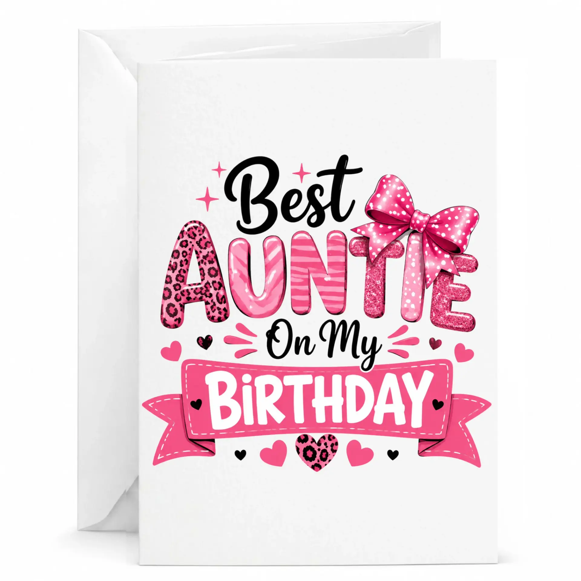 Birthday Card for Auntie Best on My Greeting Pink Leopard Print Bow Design with White Envelope