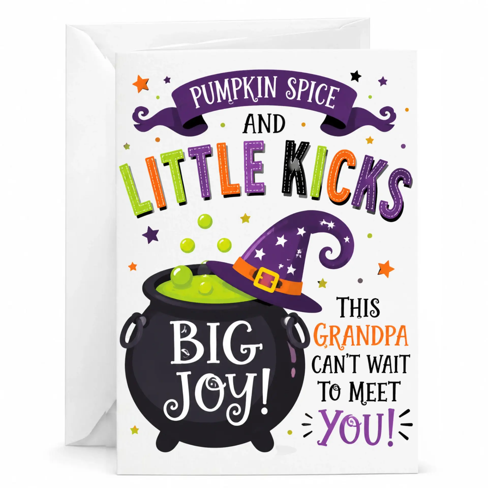 Funny Pregnancy Announcement Greeting Card for Grandpa Pumpkin Spice and Little Kicks Expecting Grandparent