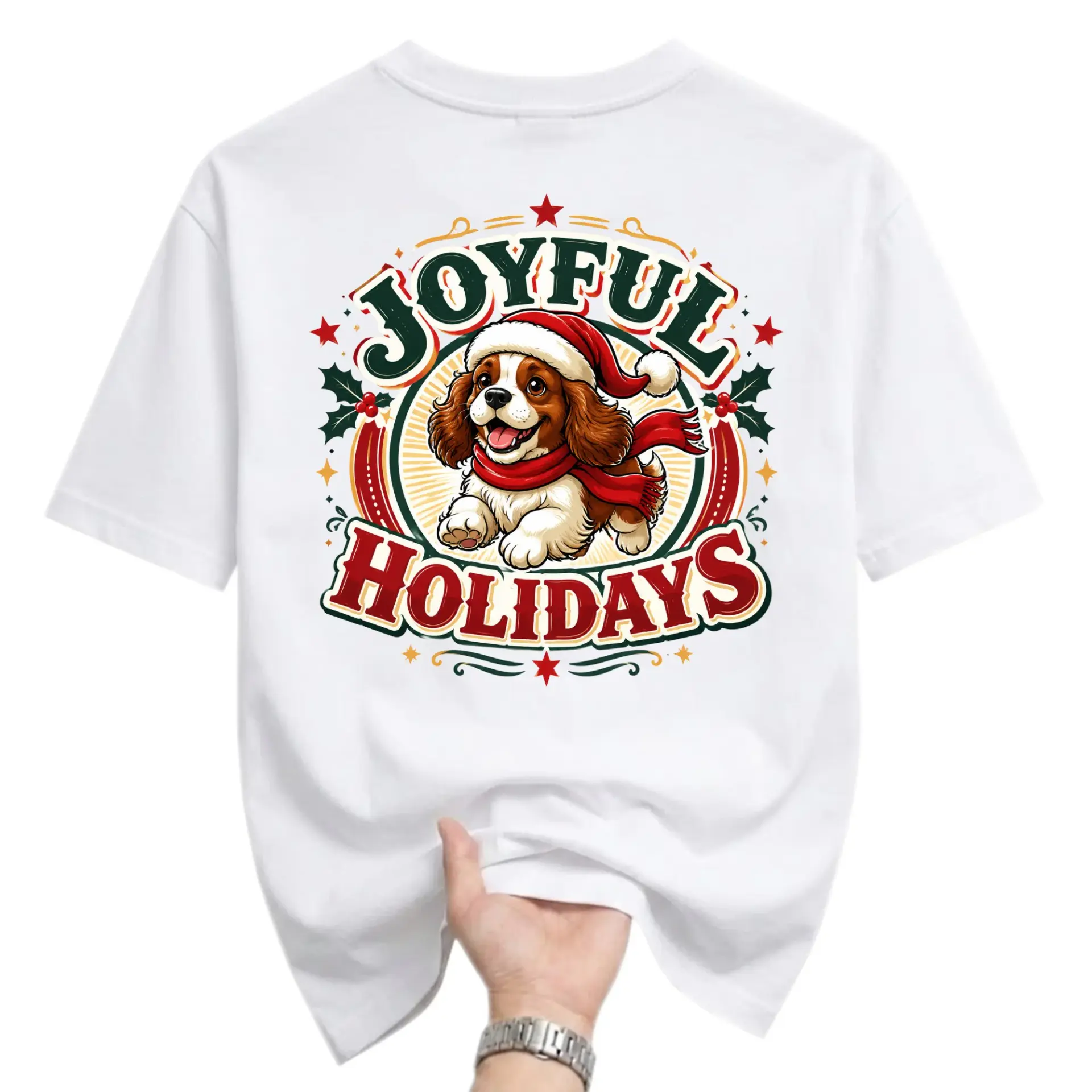 Graphic Tee Joyful Holidays Puppy Christmas Unisex Short Sleeve Crew Neck Cotton Blend Casual Apparel for Winter