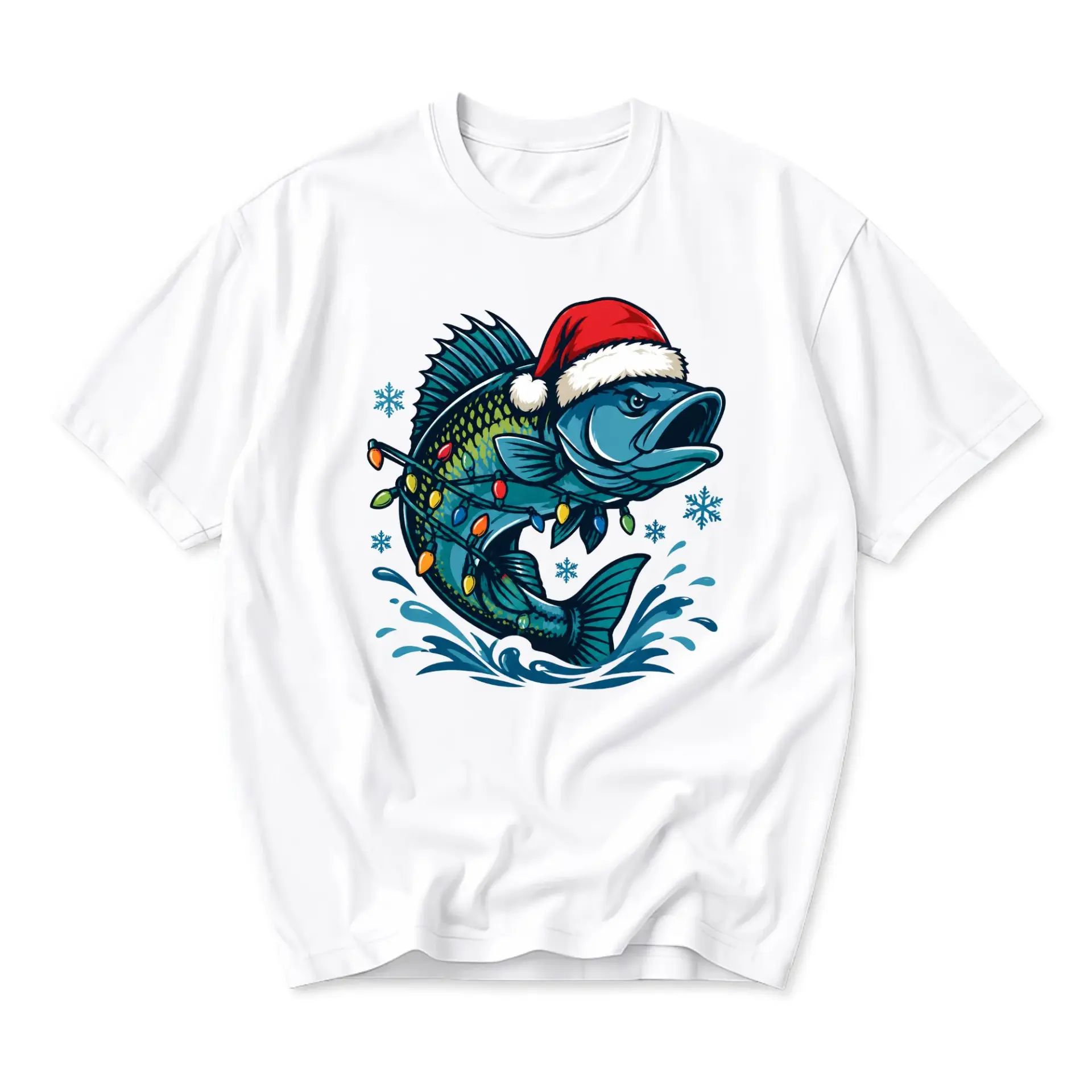 Graphic Tee Christmas Fishing Bass Shirt Featuring a Festive Fish with Santa Hat and Colorful Holiday Light Bulbs