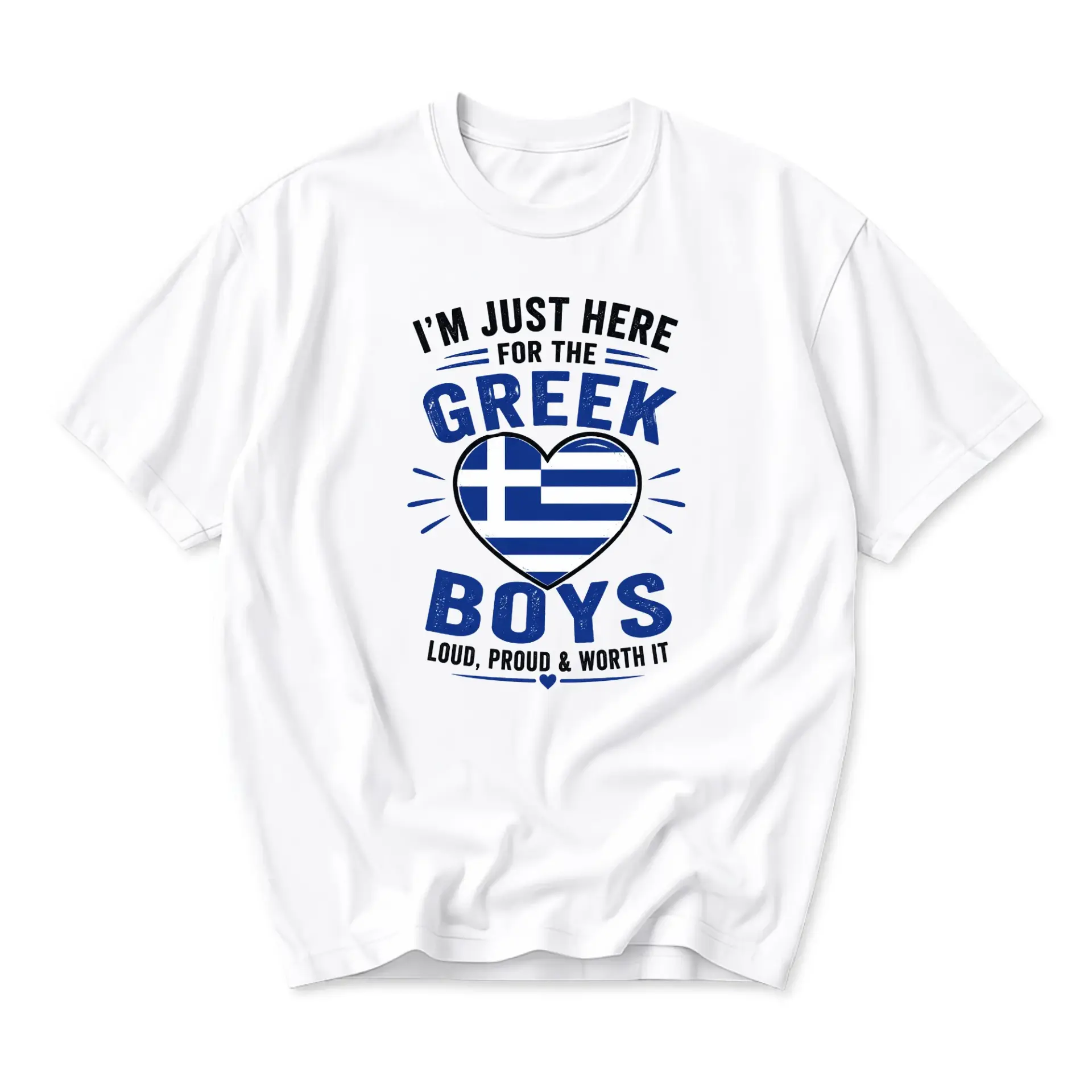 Funny Shirt I Am Just Here for the Greek Boys Graphic Tee Humorous Slogan Unisex Casual Short Sleeve Crew Neck Top