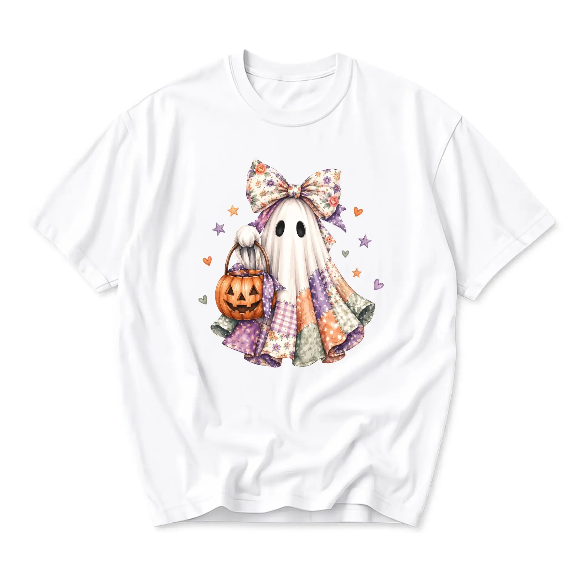Graphic Tee Cute Ghost Wearing Patterned Fabric Bow Holding a Pumpkin Basket for Fall Autumn Casual Everyday Wear