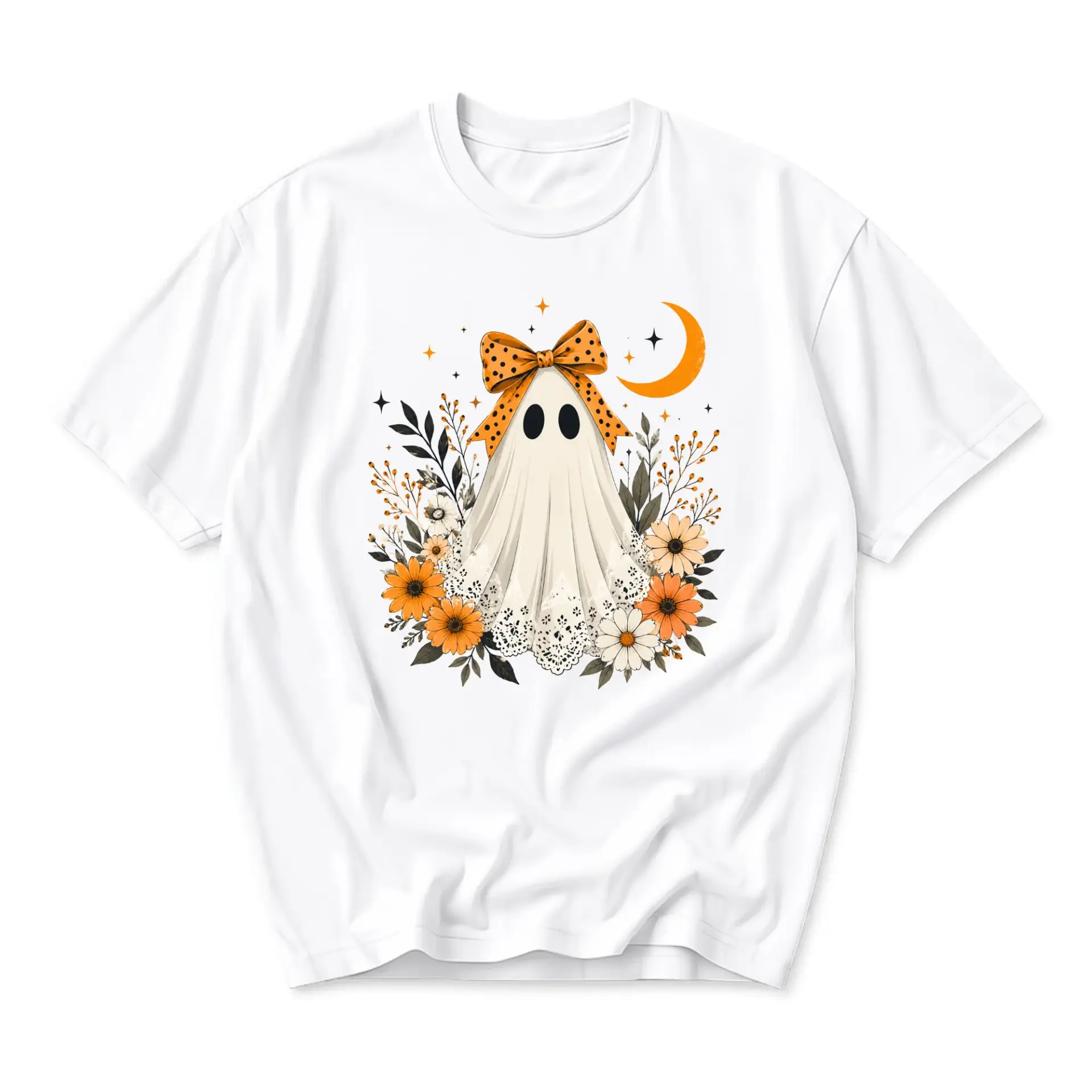 Graphic Tee Cute Halloween Ghost Wearing Polka Dot Bow with Autumn Flowers and Crescent Moon Unisex Short Sleeve Shirt