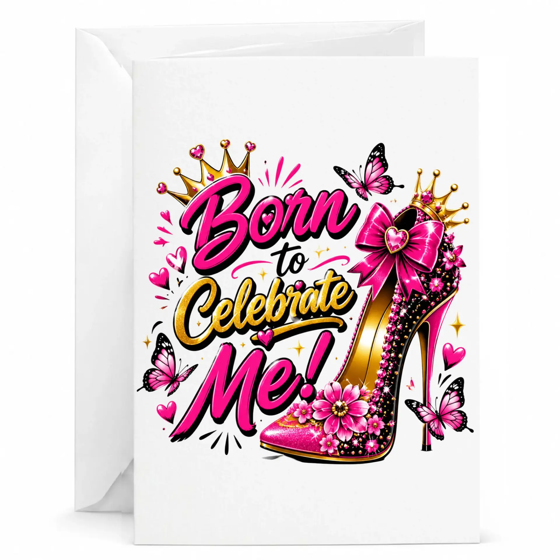 Birthday Greeting Card Born to Celebrate Me High Heel Shoe Design Elegant Fashion Theme Premium Paper Folded Note Card