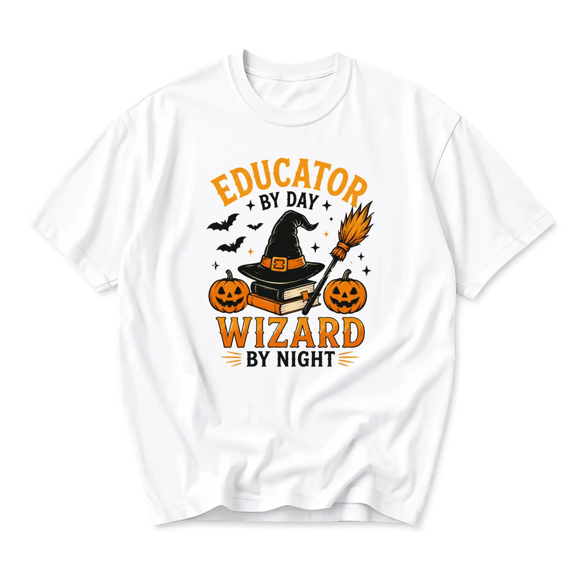 Funny Shirt Educator by Day Wizard by Night Graphic Tee Seasonal Halloween Costume Unisex Crew Neck Cotton Top