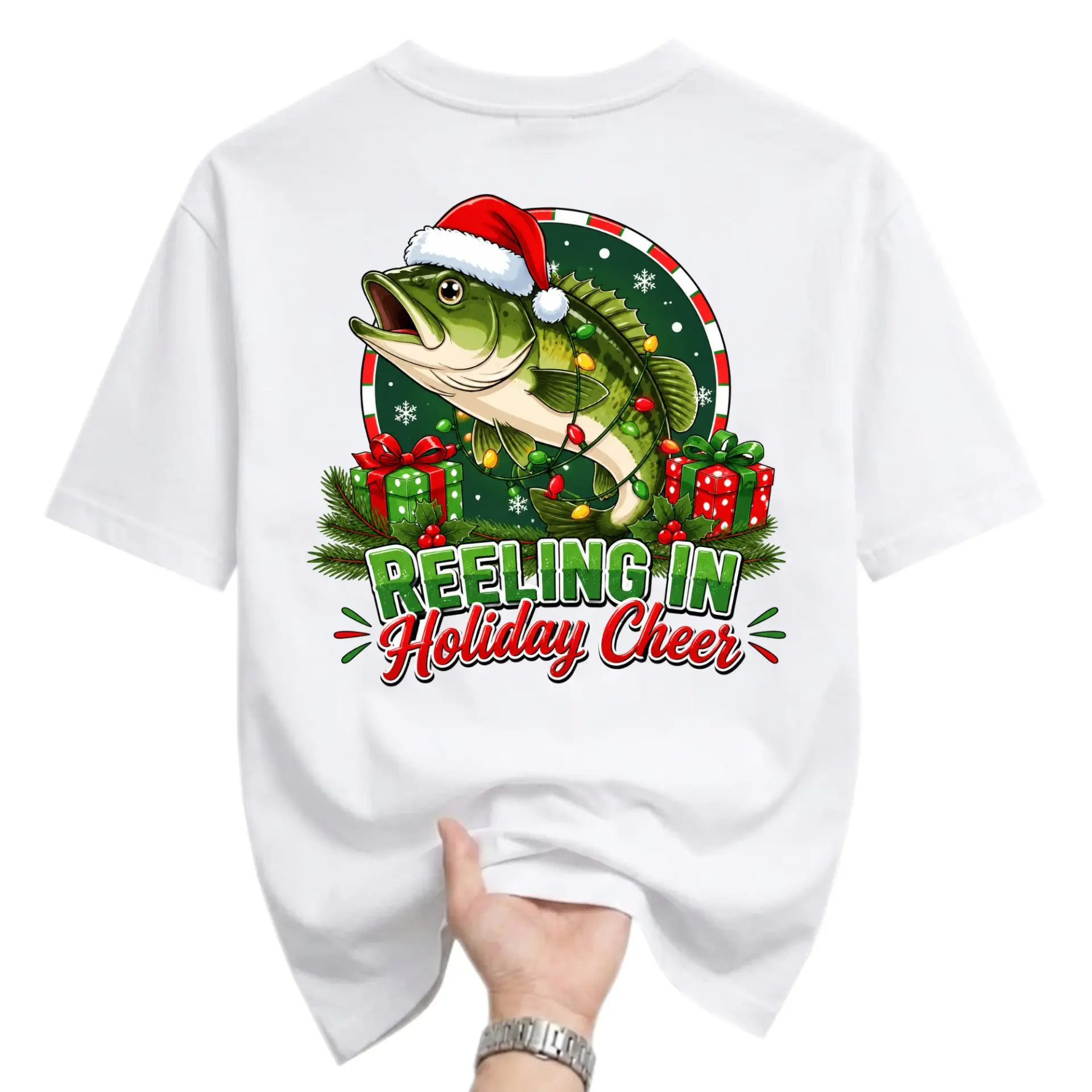 Graphic Tee Reeling in Holiday Cheer Fish Christmas Unisex Crew Neck Casual