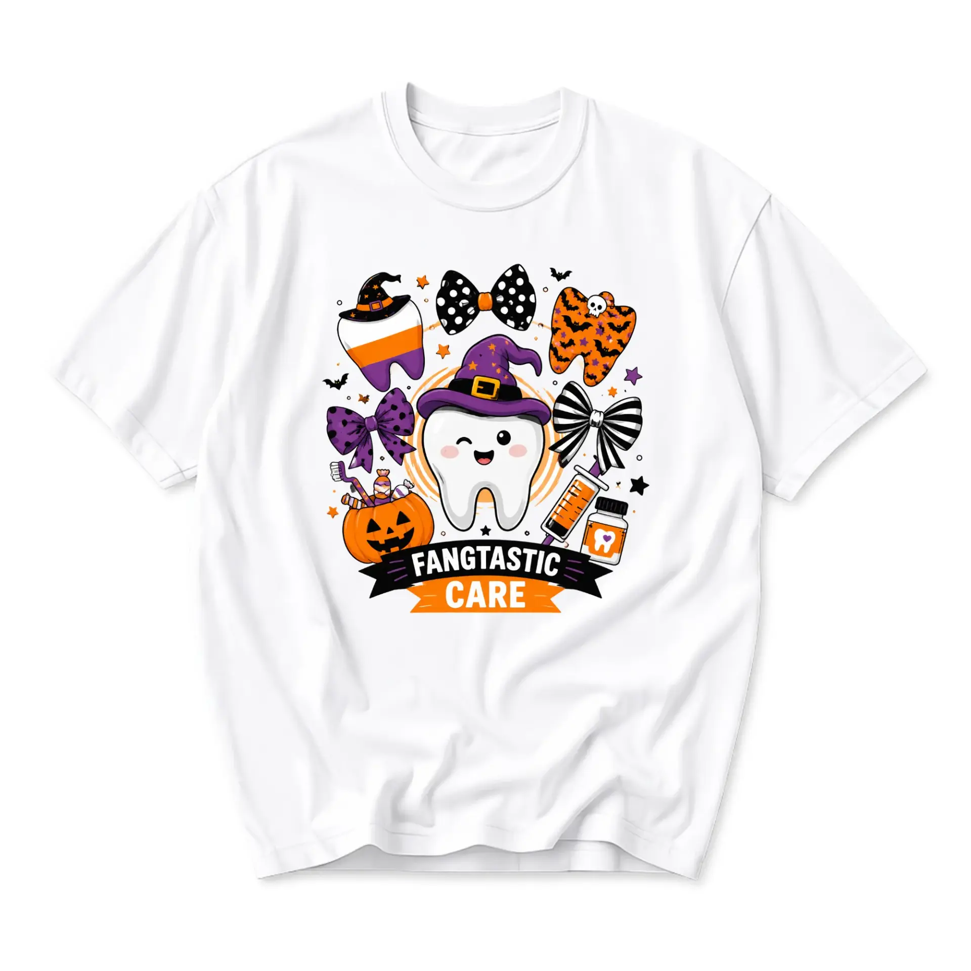 Graphic Tee Fangtastic Care Halloween Dental Design Unisex Crew Neck Short Sleeve Cotton Blend Casual Shirt