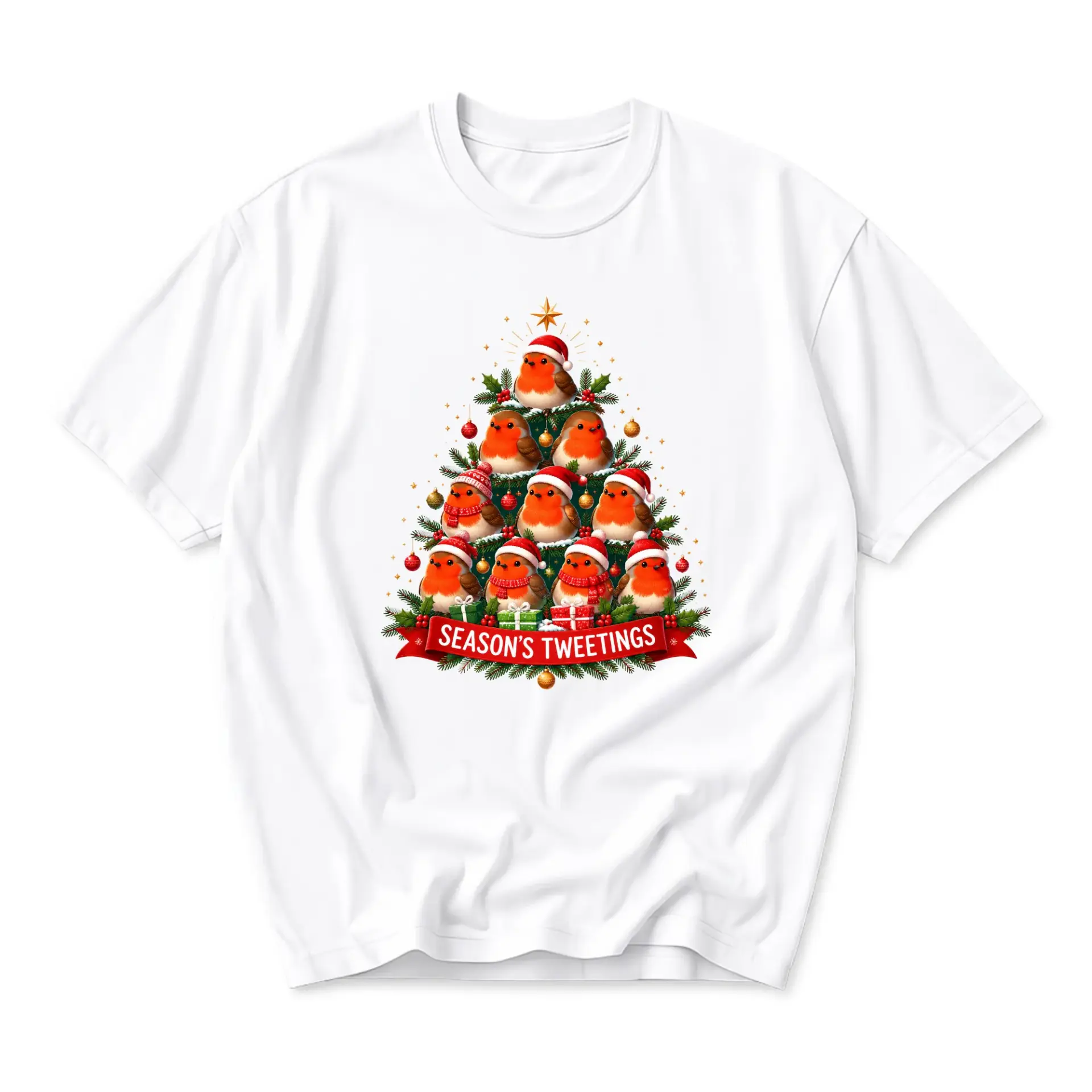 Graphic Tee Unisex Christmas Tree with Cute Birds Season's Tweetings Holiday Print Casual Cotton Crew Neck Shirt