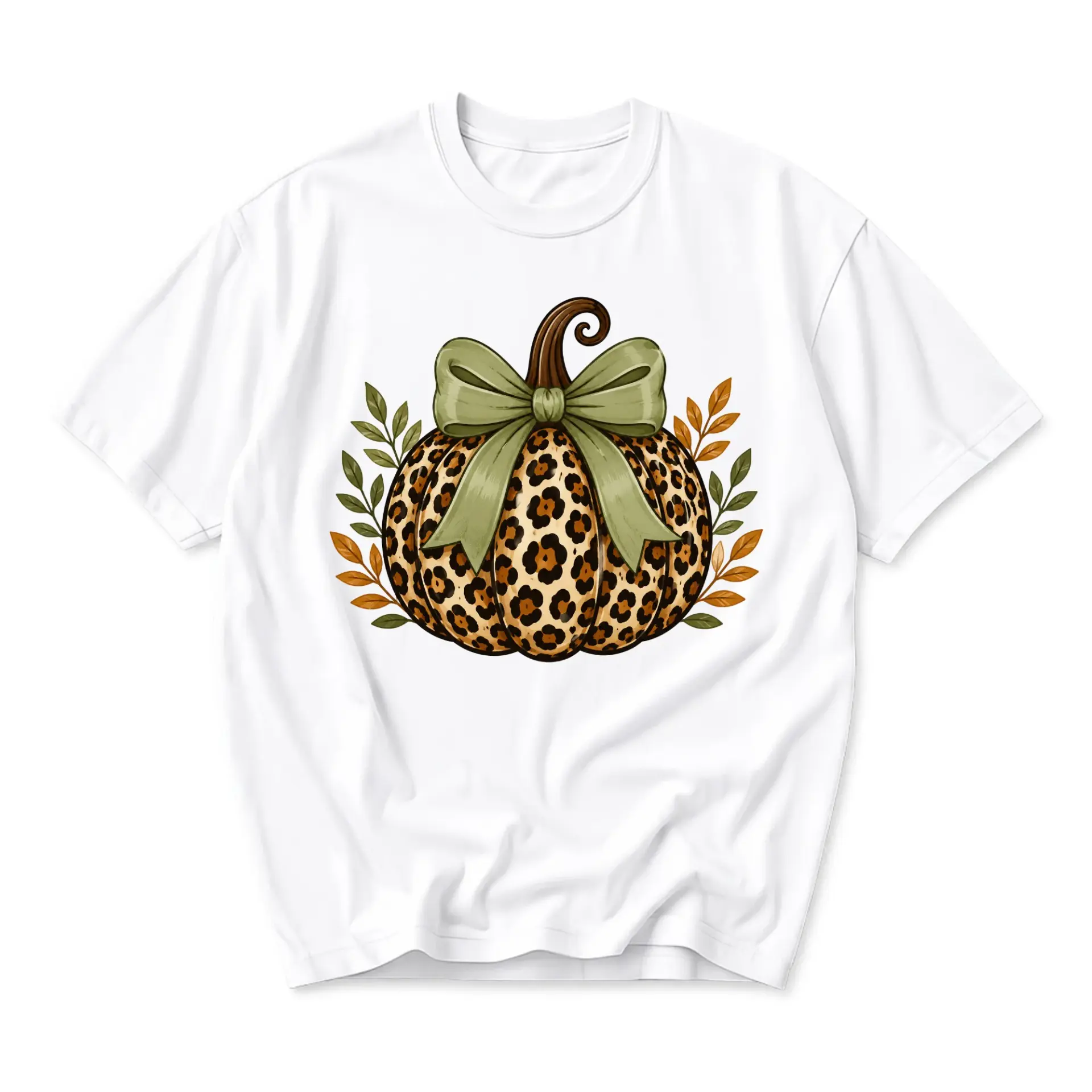 Graphic Tee Leopard Print Pumpkin with Bow Seasonal Autumn Design Casual Unisex Short Sleeve Crew Neck Cotton Shirt