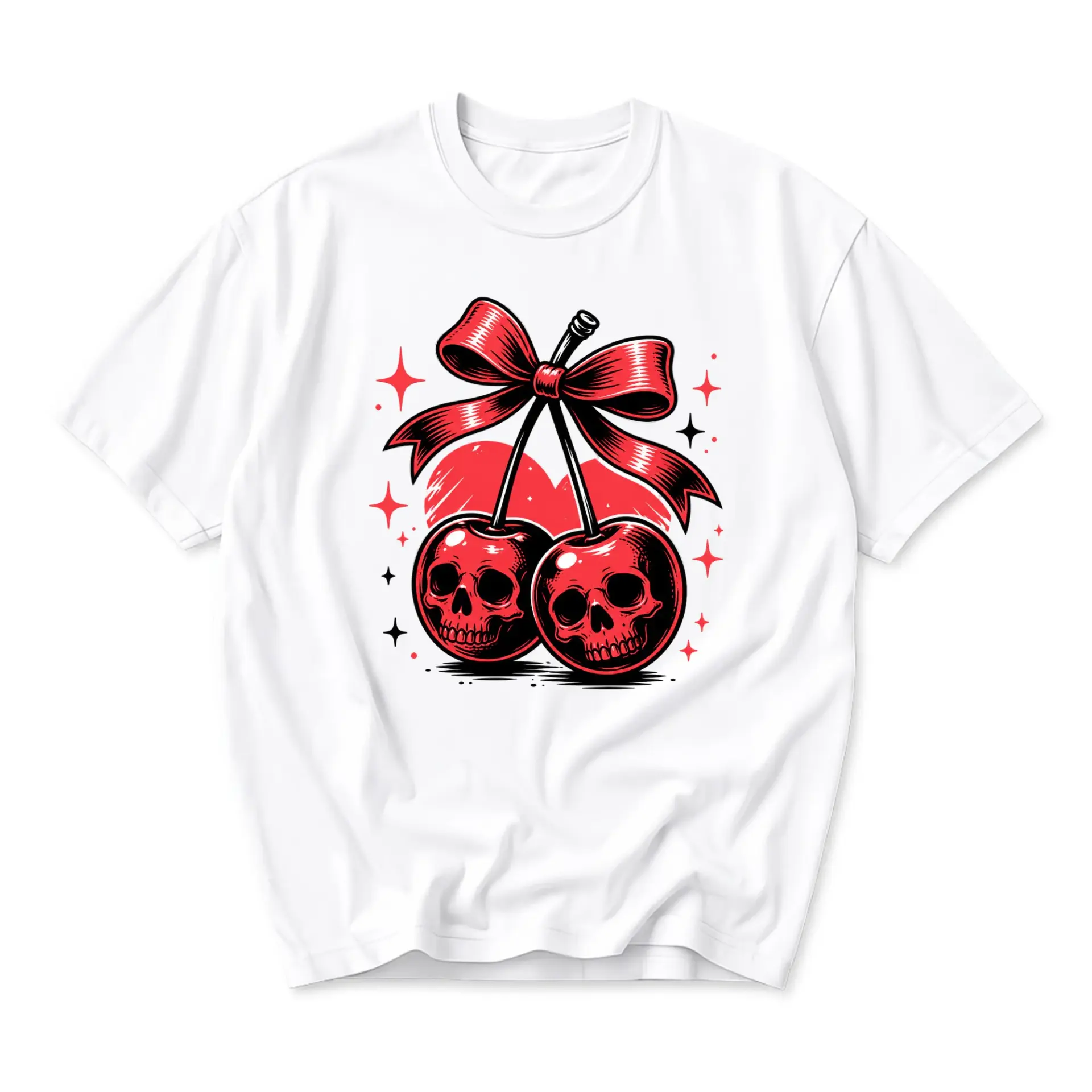 Graphic Tee Unisex Crew Neck T-Shirt Featuring Spooky Skull Cherries with Bow Design for Casual Everyday Style