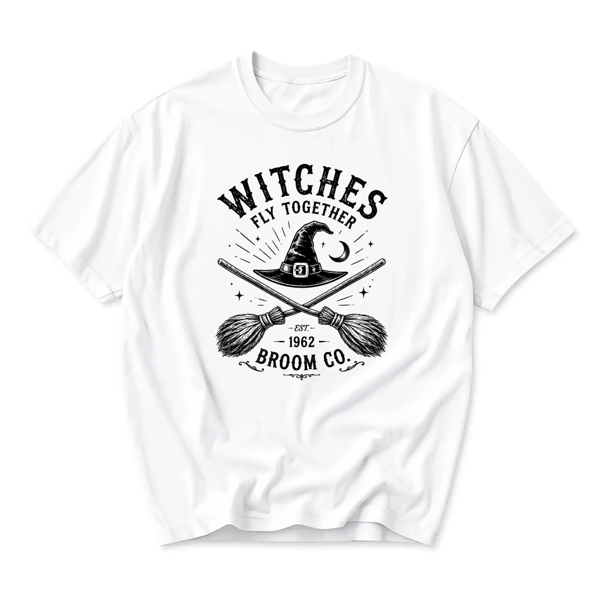 Graphic Tee Witches Fly Together Broom Co Vintage Style Print Unisex Crew Neck Casual Everyday Cotton T-Shirt White