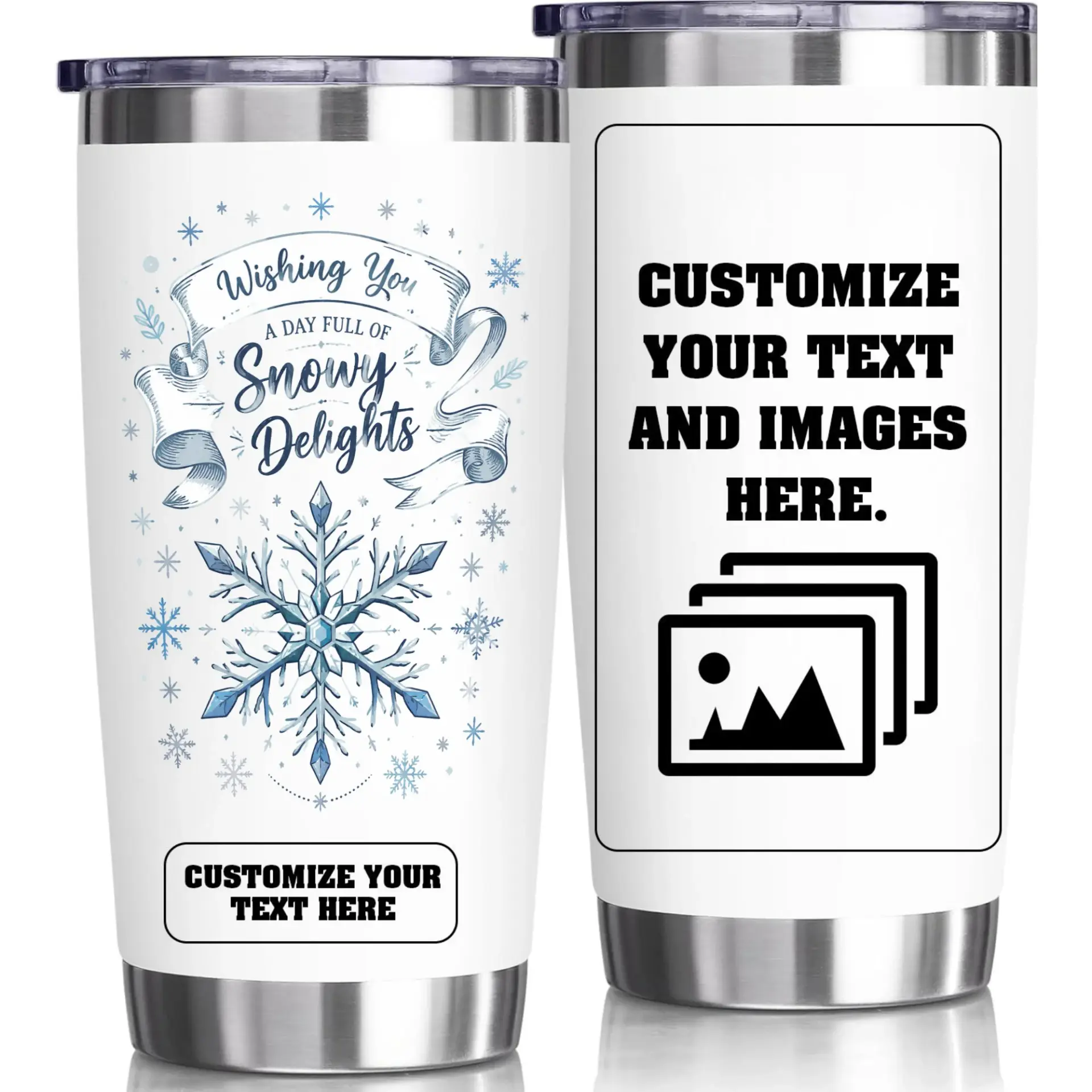 Stainless Steel Tumbler 20oz Insulated Travel Cup Winter Snowflake Design Customizable Personalized Coffee Mug