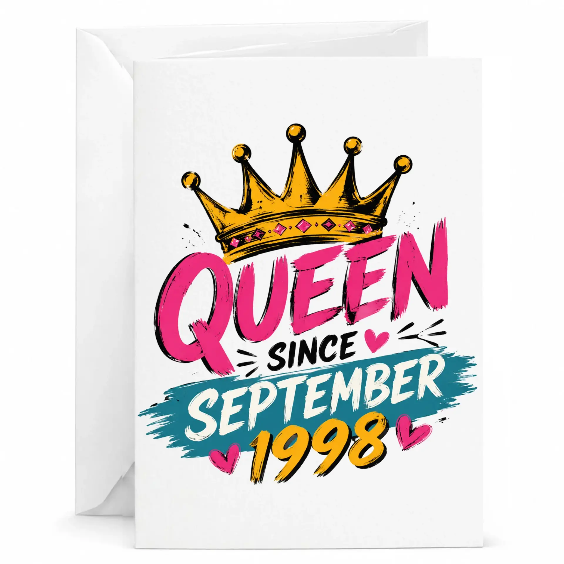 Birthday Greeting Card Queen Since September 1998 Custom Keepsake for Her Vintage Style Crown Design 5x7 Folded Note