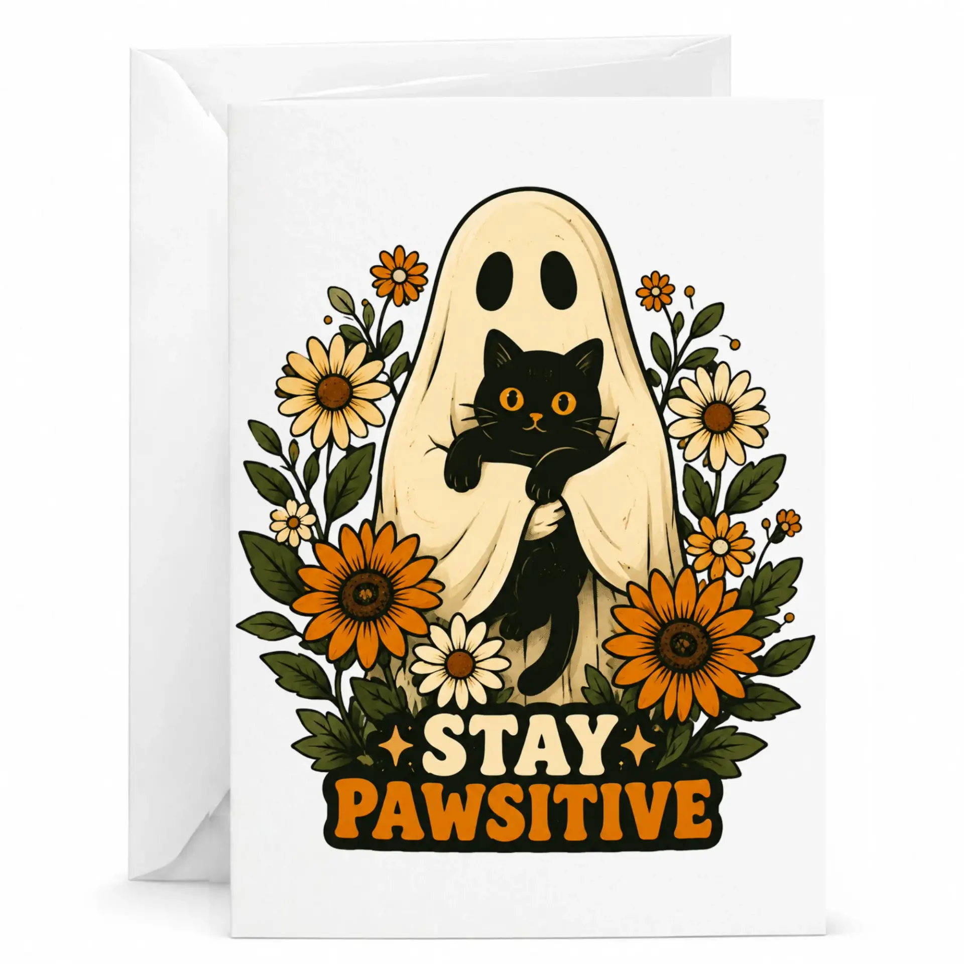 Funny Cat Greeting Card Stay Pawsitive Illustration for Encouragement and Birthday Greetings with Matching Envelope