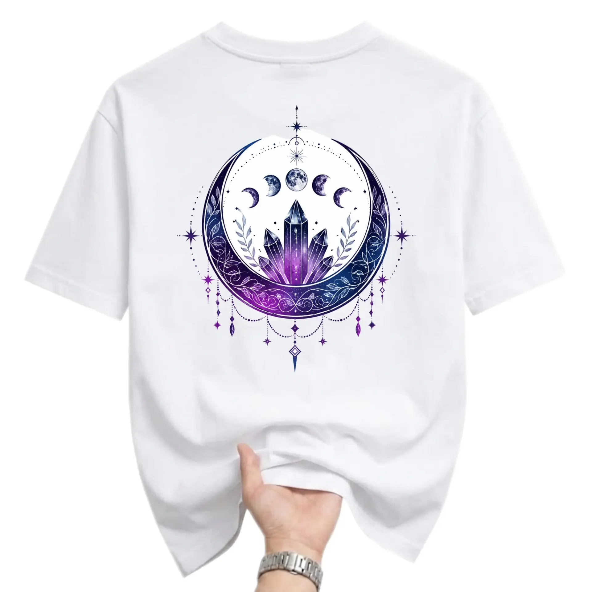 Graphic Tee Celestial Crystal Moon Phase Design Unisex Crew Neck Short Sleeve Shirt for Casual Everyday Style