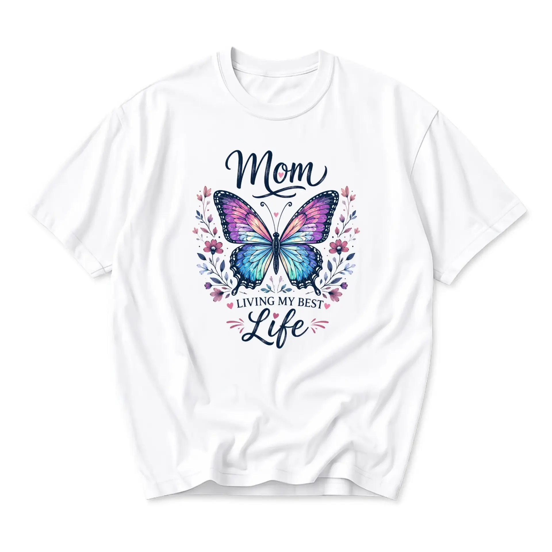 Graphic Tee Mom Living My Best Life Butterfly Design Unisex Casual Crew Neck Comfortable Cotton Blend Short Sleeve Shirt